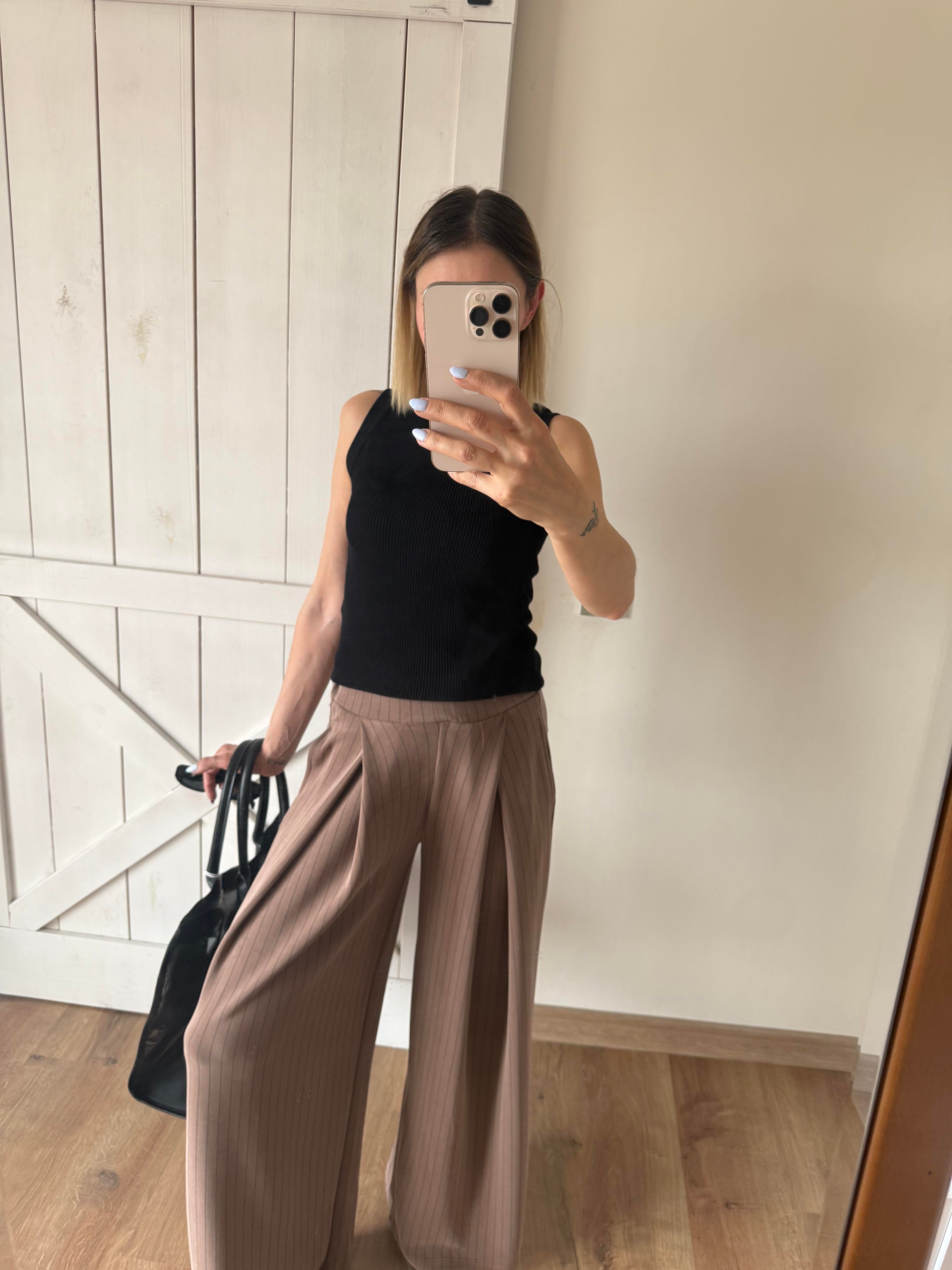 Modal Kumaş Kahve İnce Çizgili Pantolon