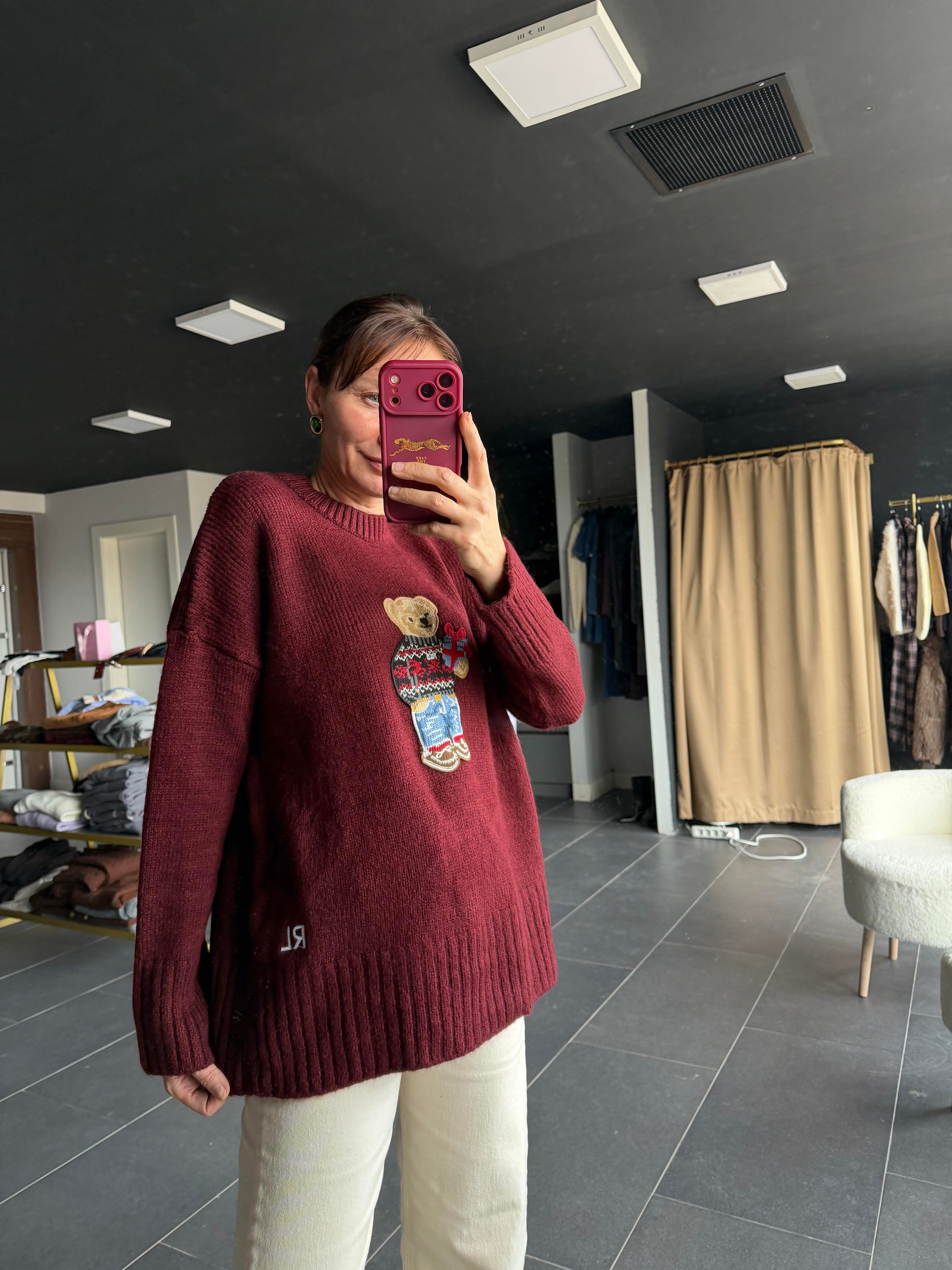 Nakış İşlemeli Ayıcıklı Kazak Bordo