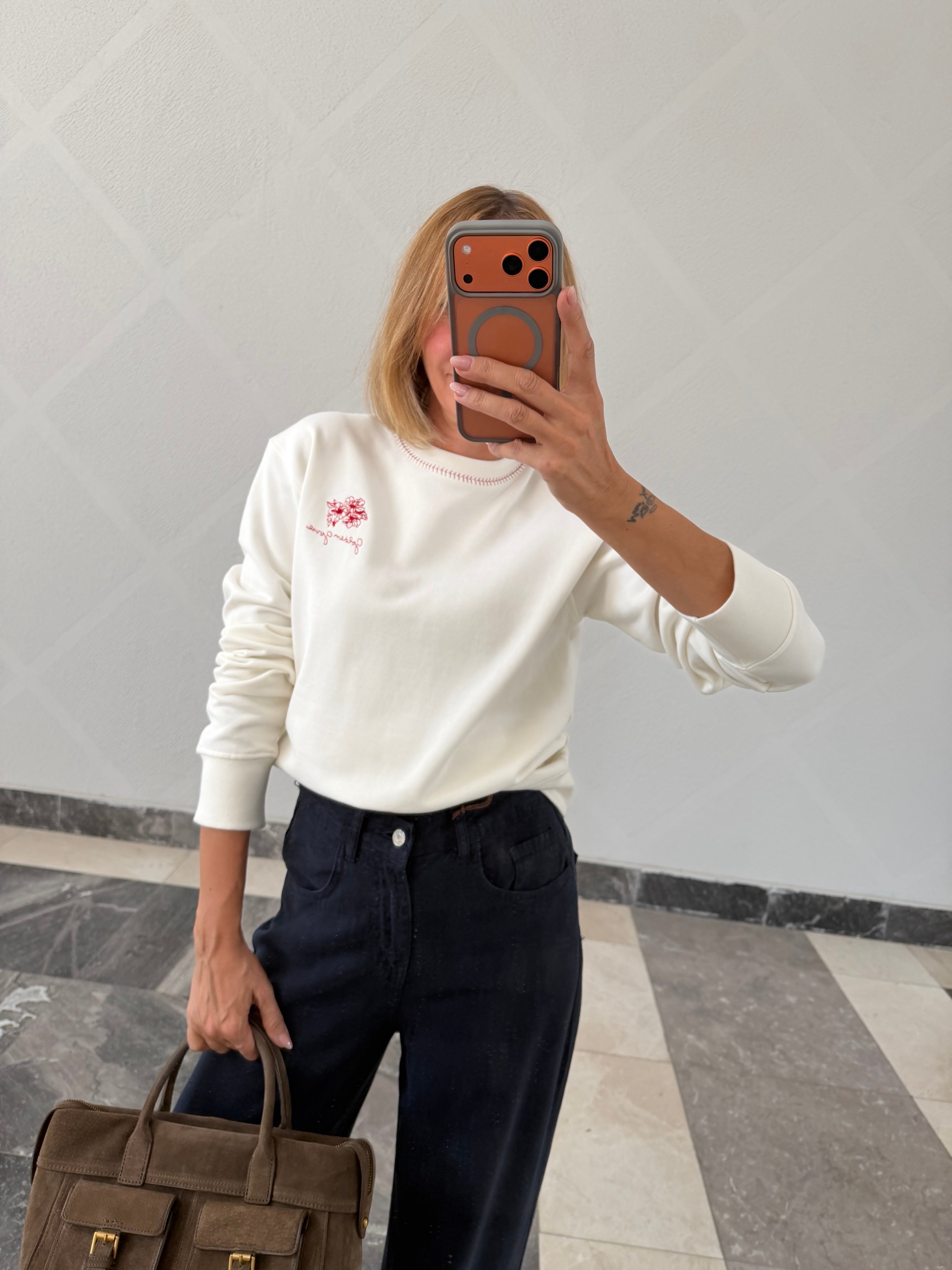 Nakışlı Goose Kırık Beyaz Sweatshirt