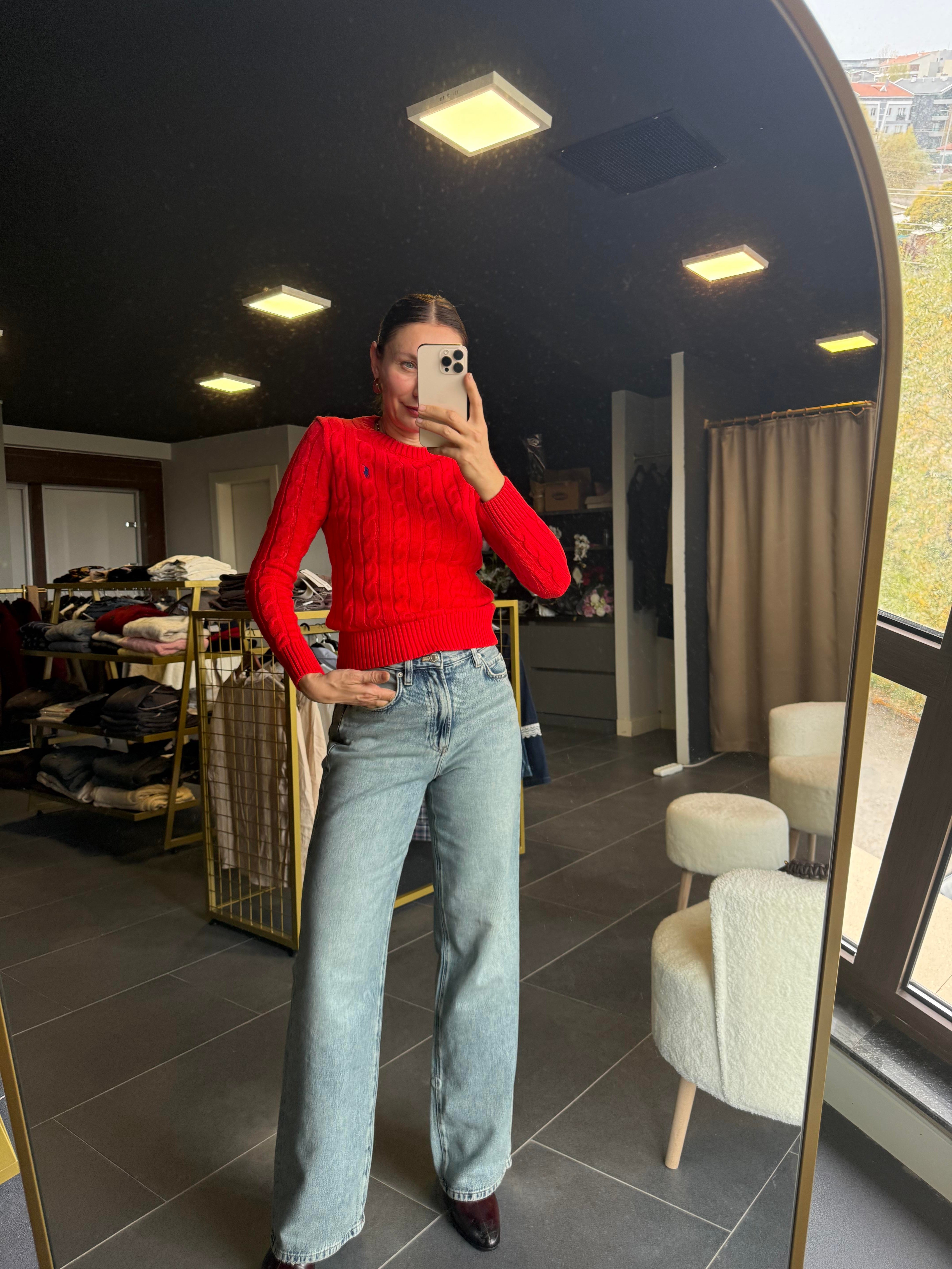 Nar Çiçeği Saç Örgü Premium Kazak