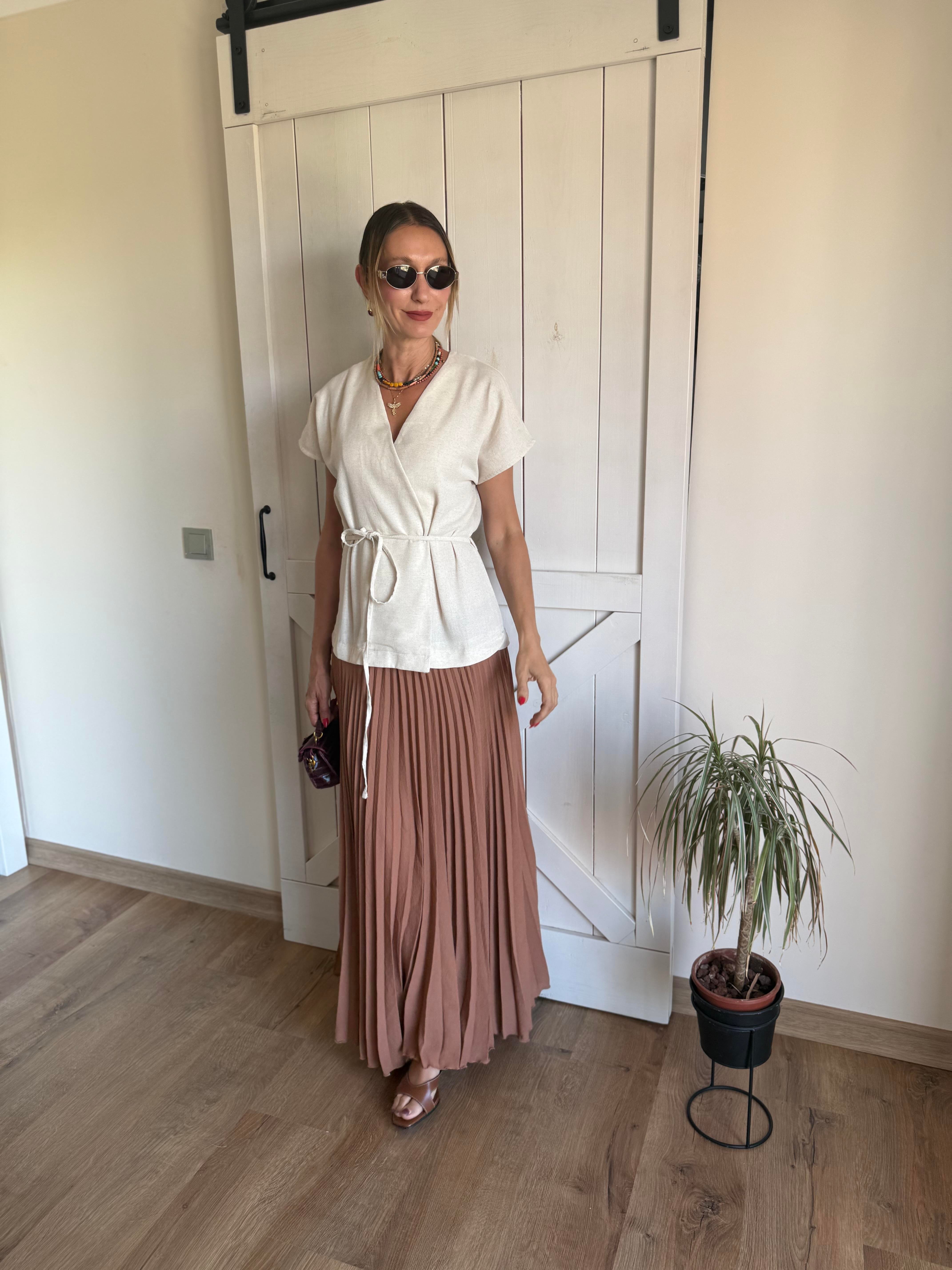 Naturel İpli Piliseli Maxi Boy Elbise