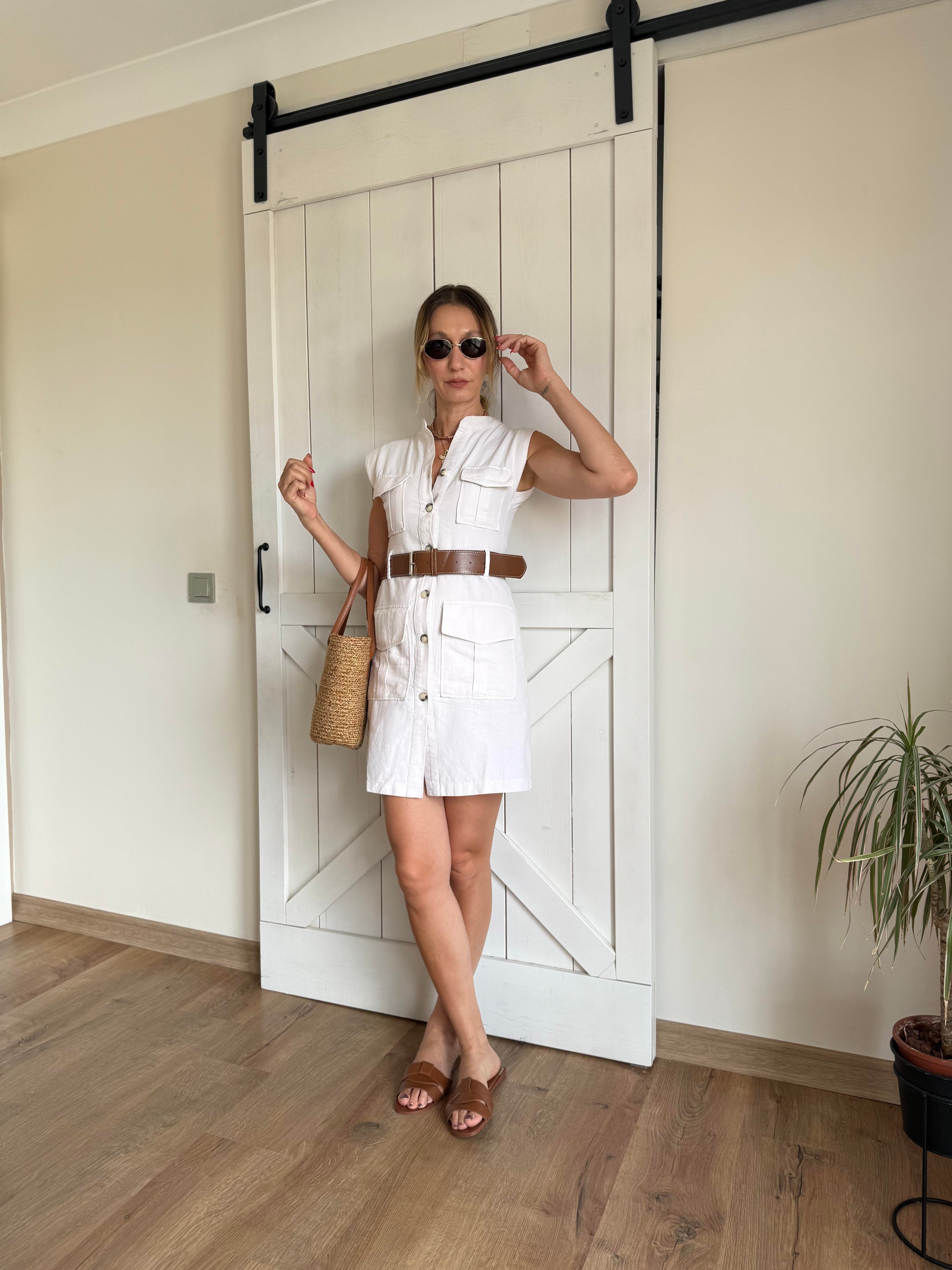 Olivea Massi Kemerli Keten Mini Düğmeli Elbise