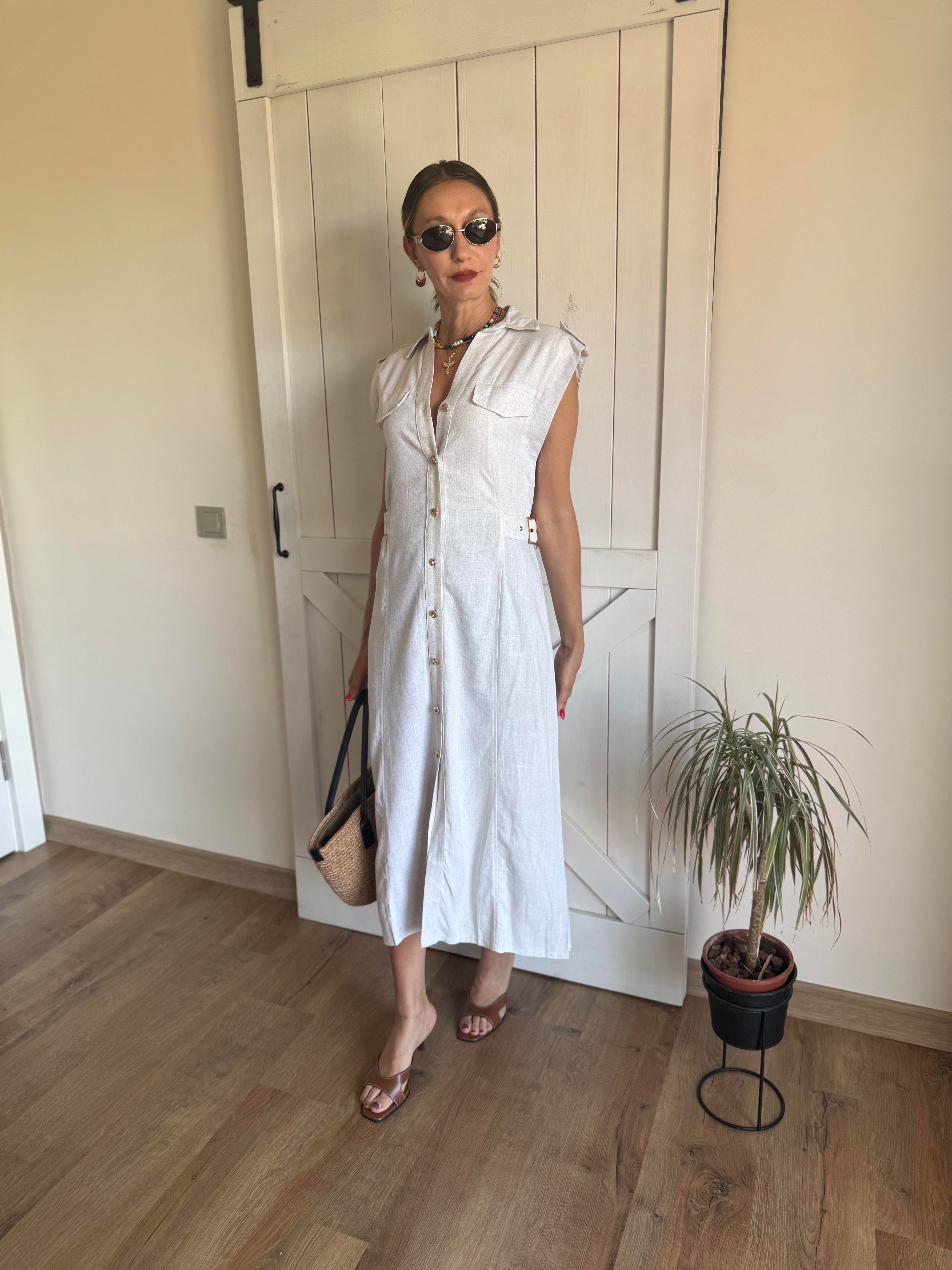 Omuz Apoletli Midi Boy Keten Elbise