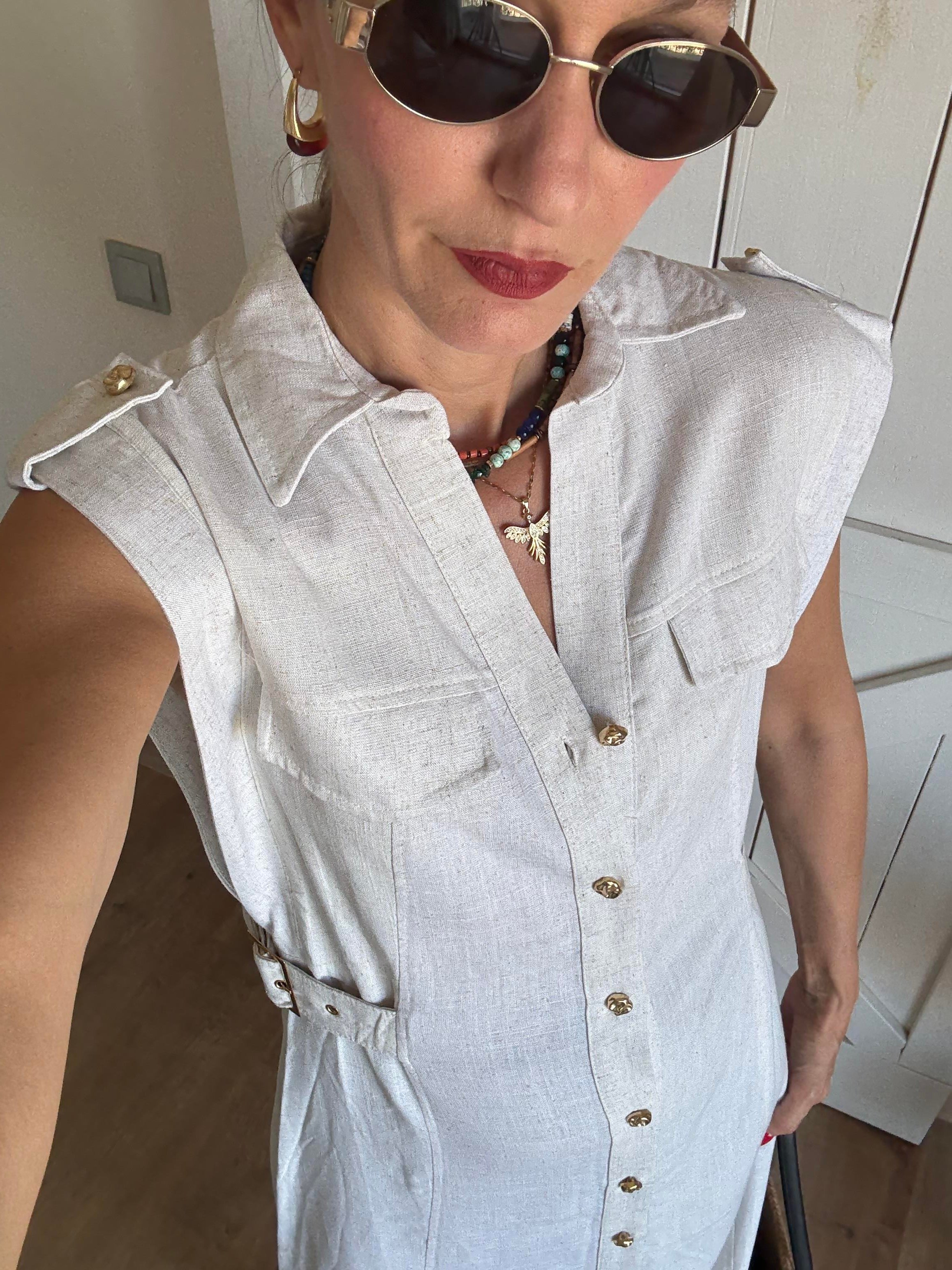 Omuz Apoletli Midi Boy Keten Elbise