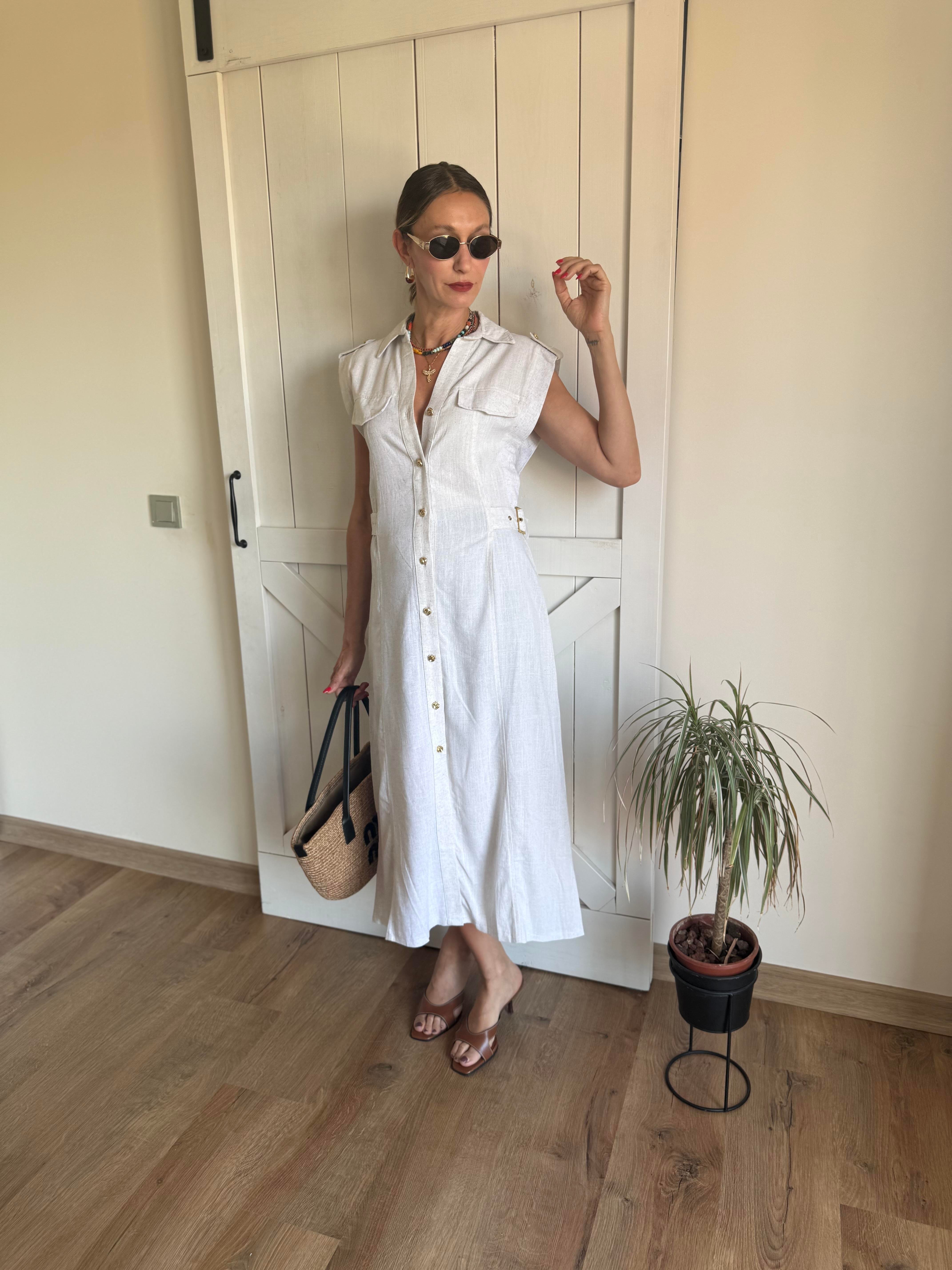 Omuz Apoletli Midi Boy Keten Elbise