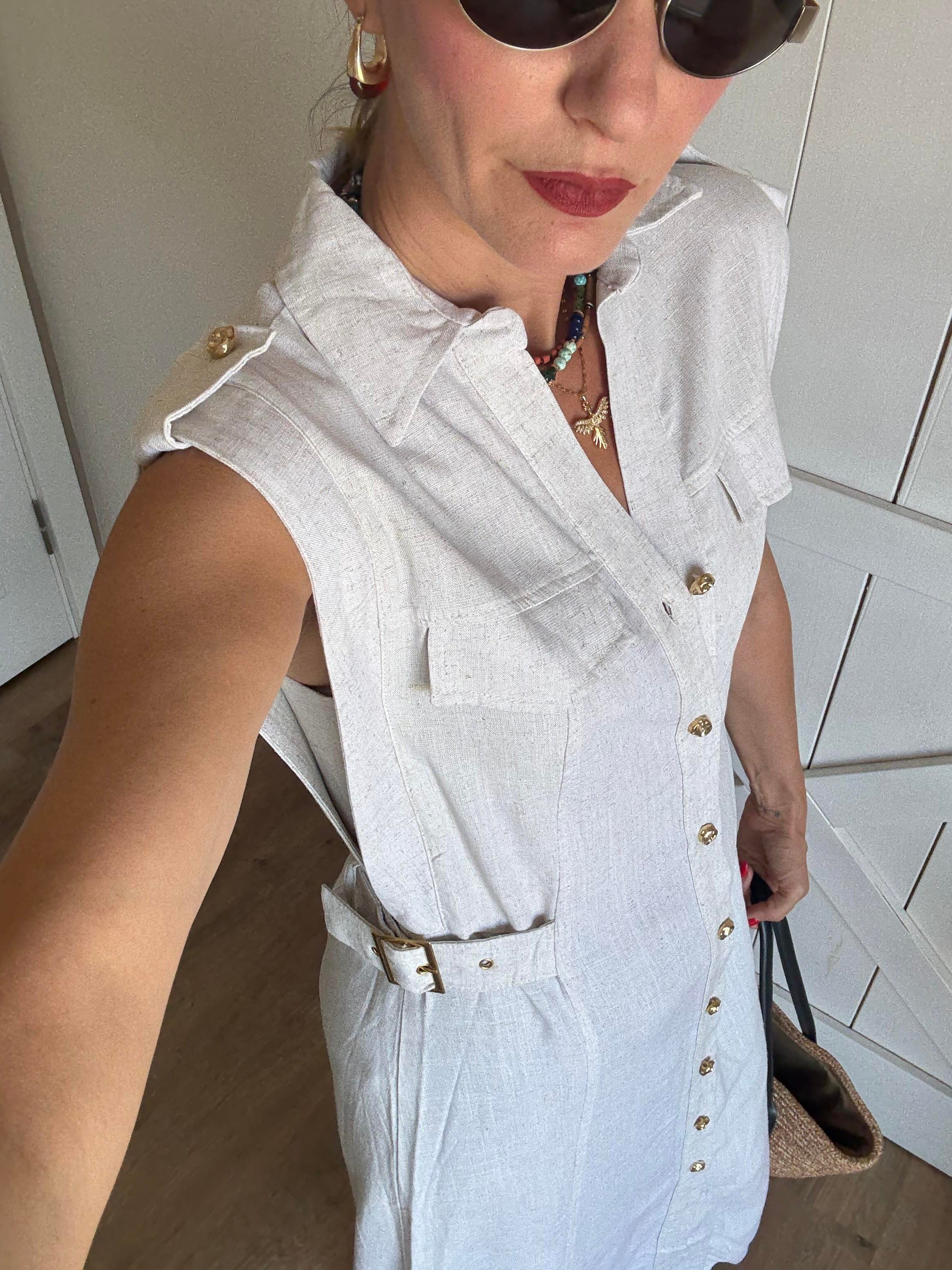 Omuz Apoletli Midi Boy Keten Elbise