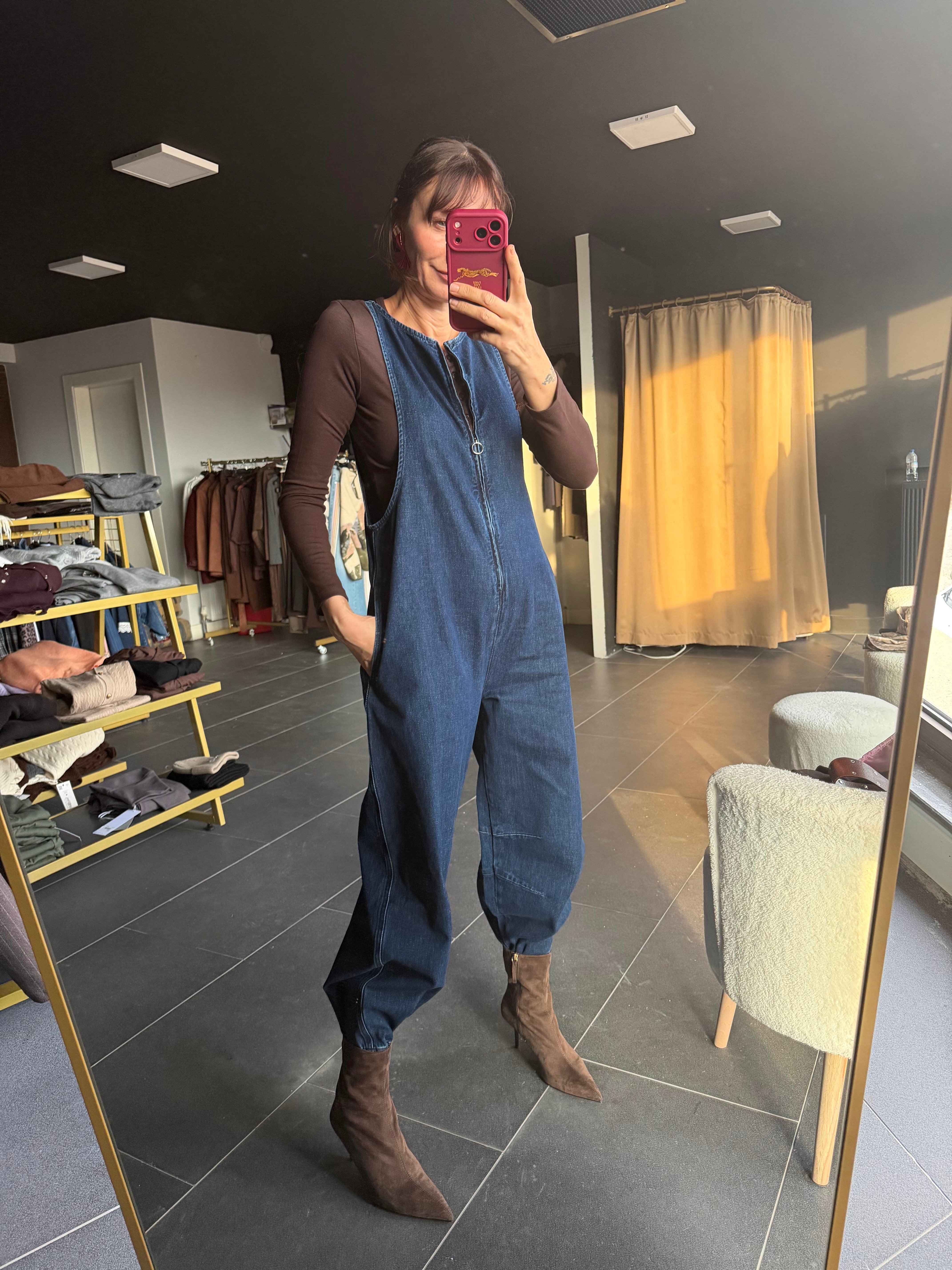 Önden Fermuarlı Denim Tulum