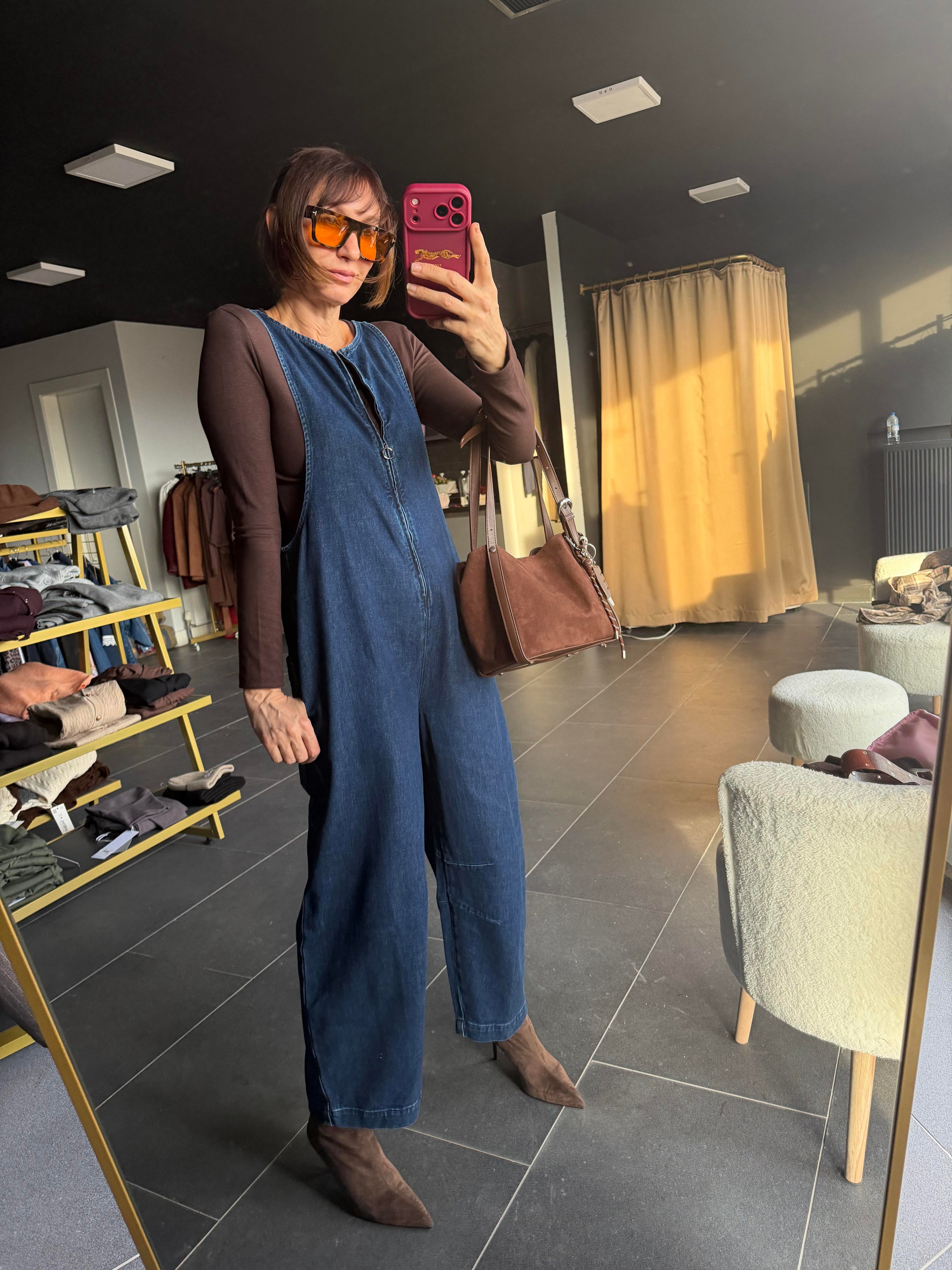 Önden Fermuarlı Denim Tulum