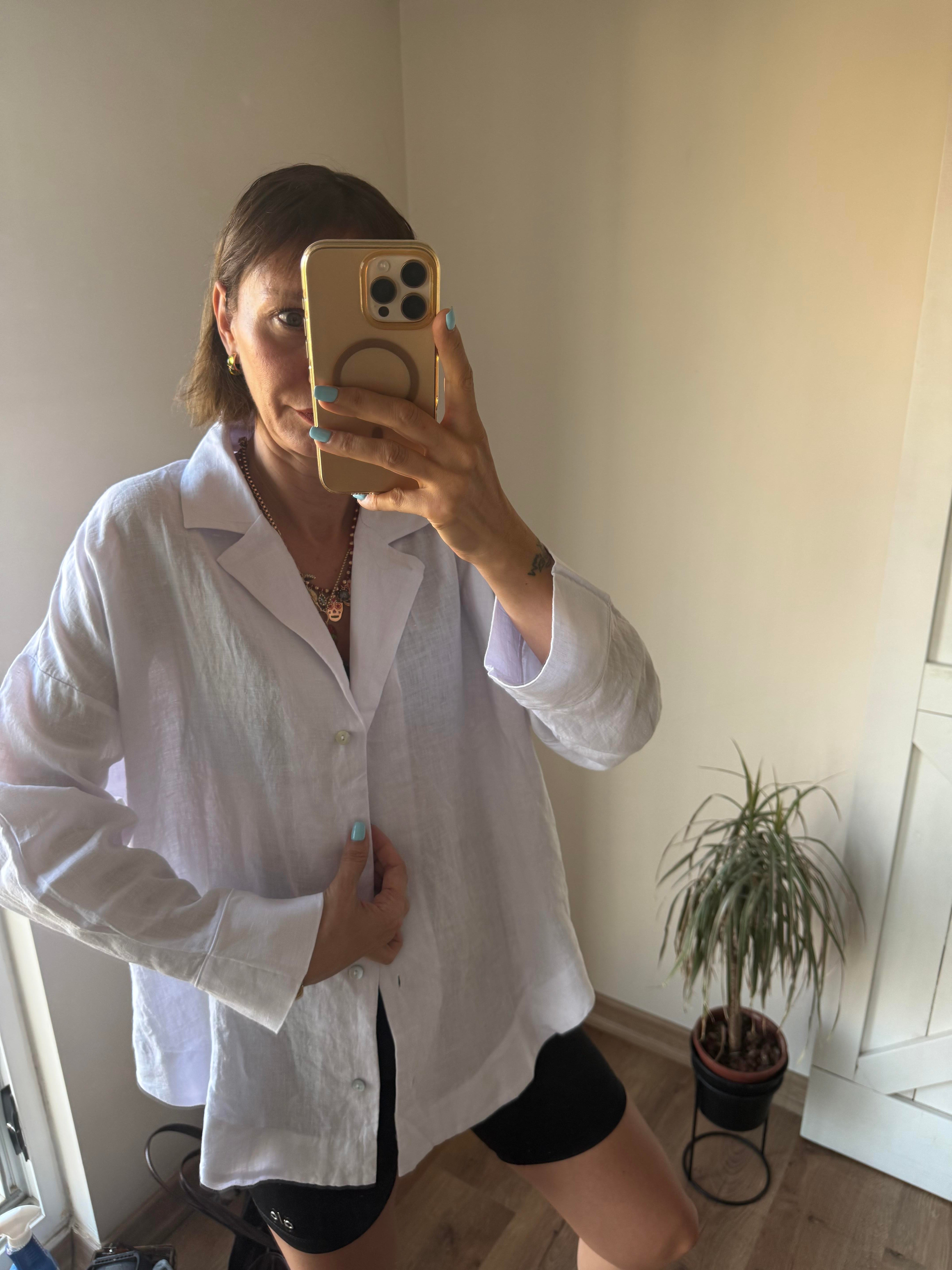 Oversize Kos Beyaz Keten Gömlek