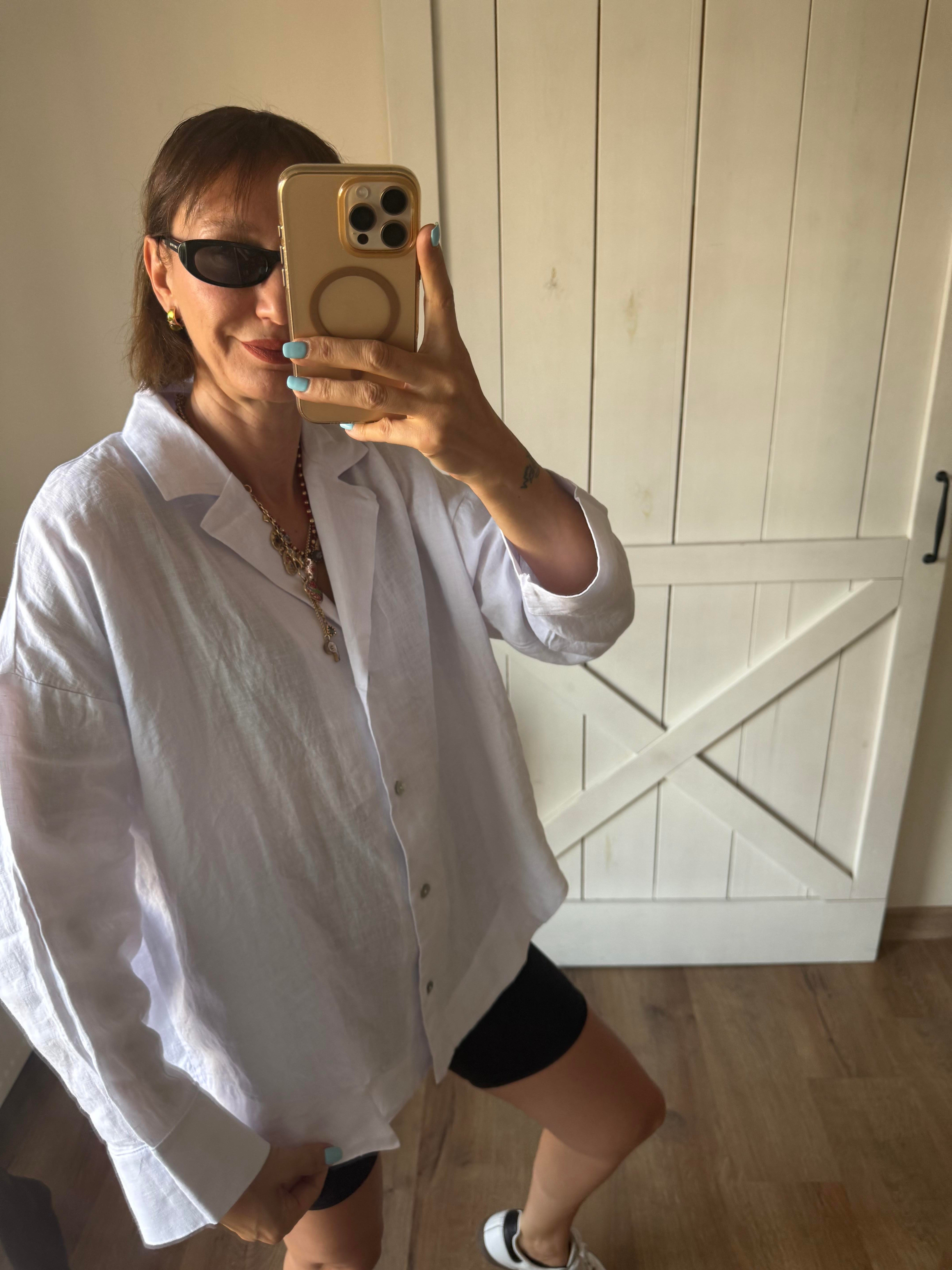 Oversize Kos Beyaz Keten Gömlek