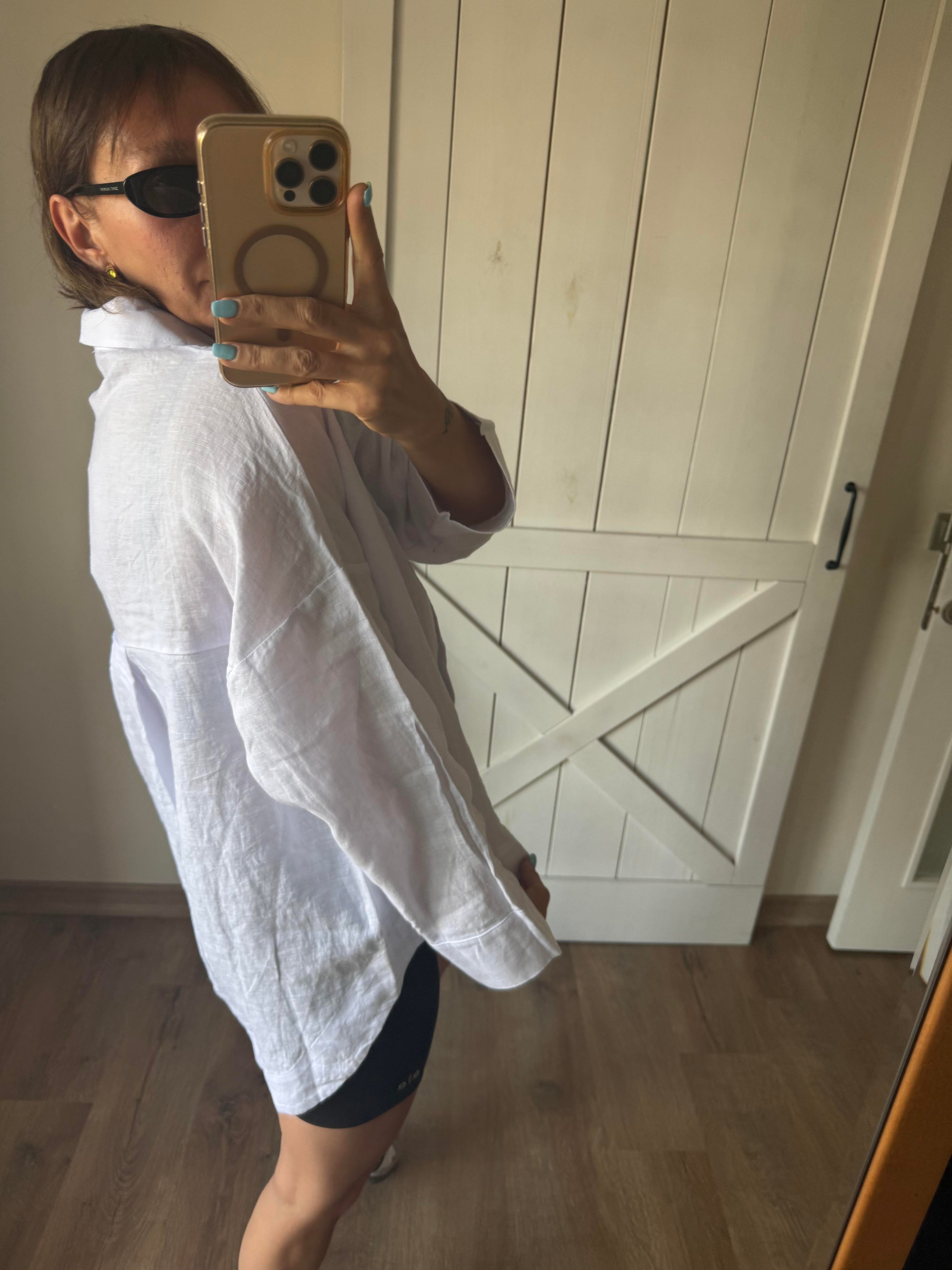 Oversize Kos Beyaz Keten Gömlek