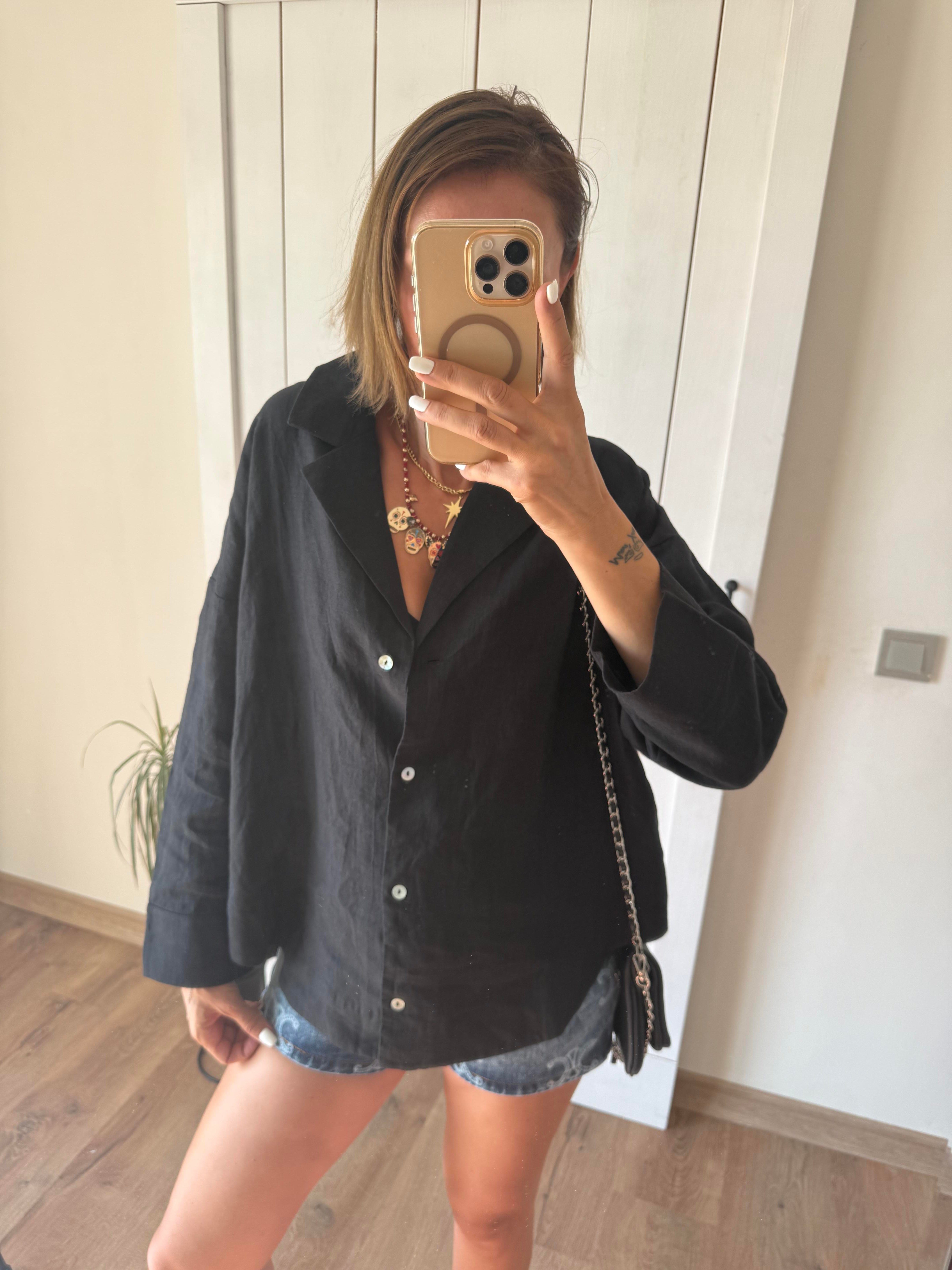 Oversize Kos Siyah Keten Gömlek