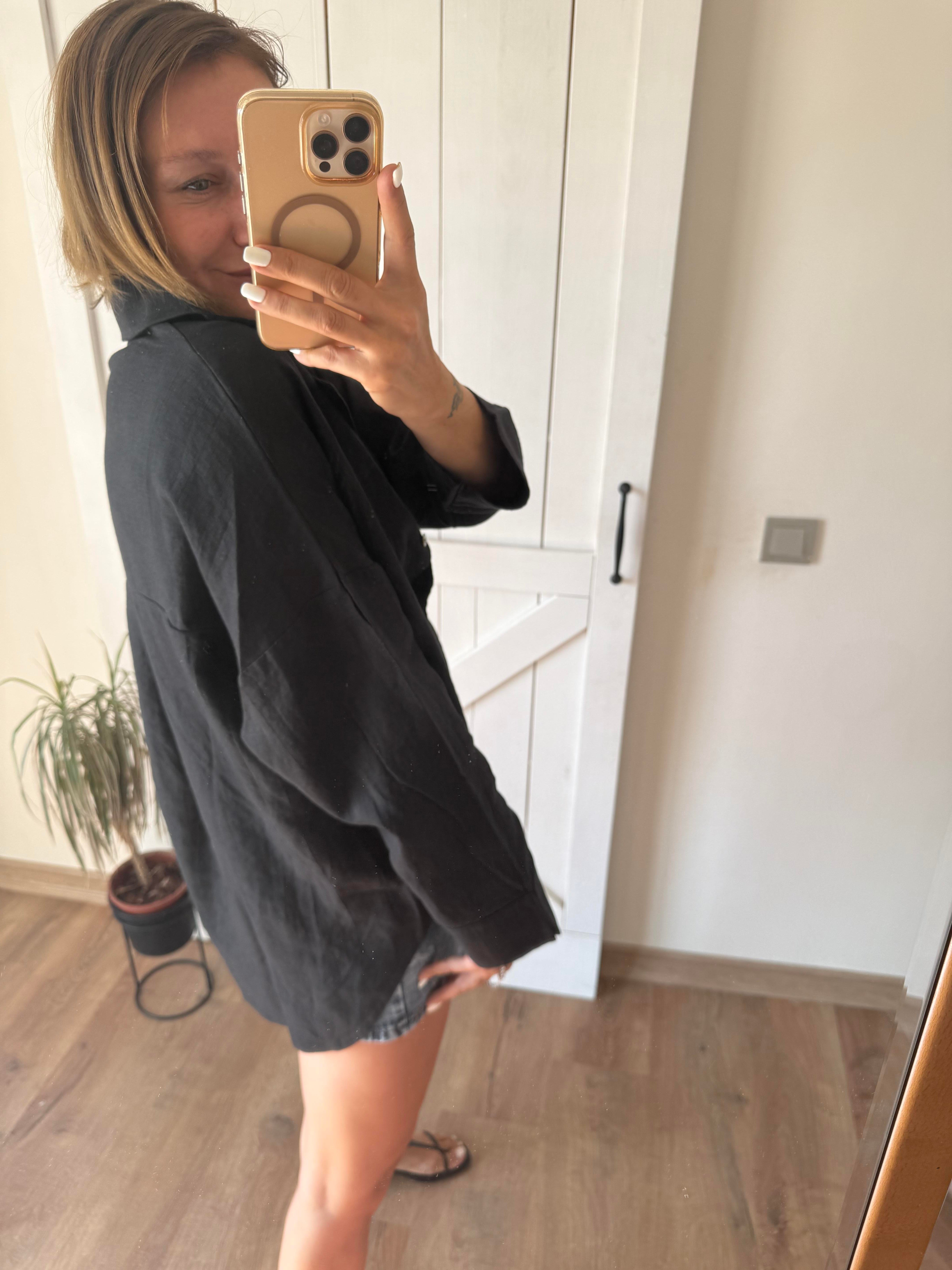 Oversize Kos Siyah Keten Gömlek