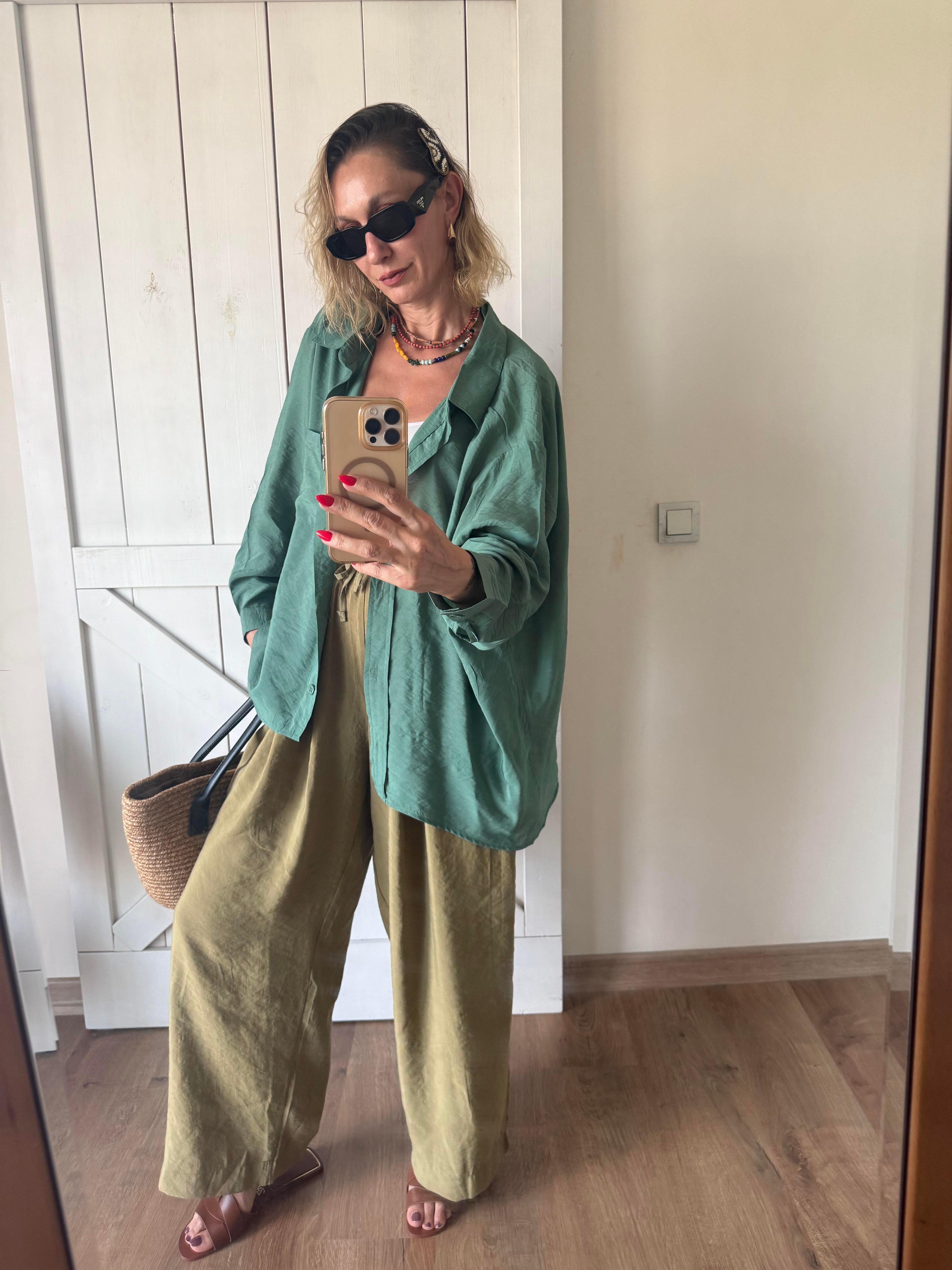 Oversize Rahat Kesim Zümrüt Gömlek