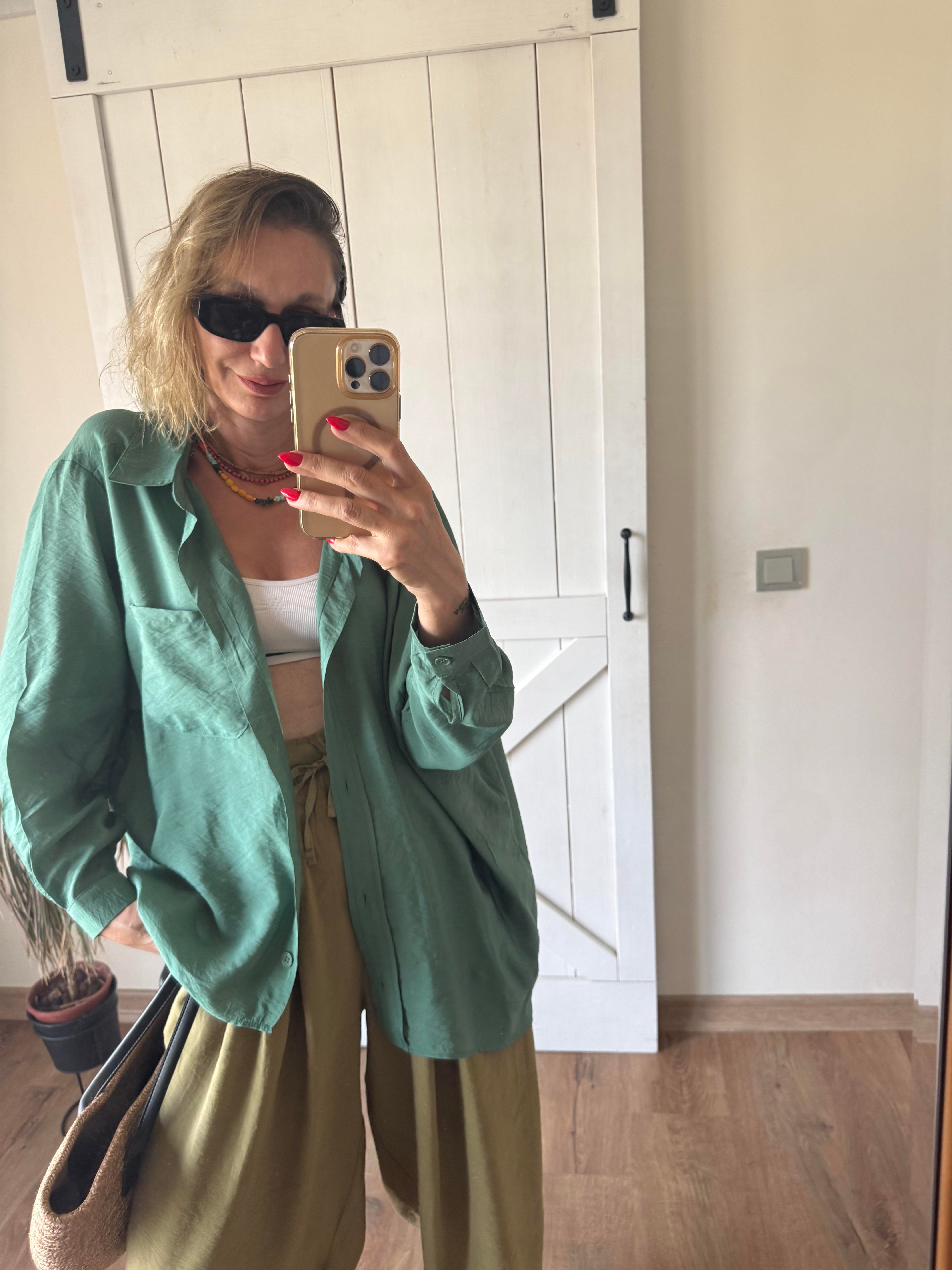 Oversize Rahat Kesim Zümrüt Gömlek