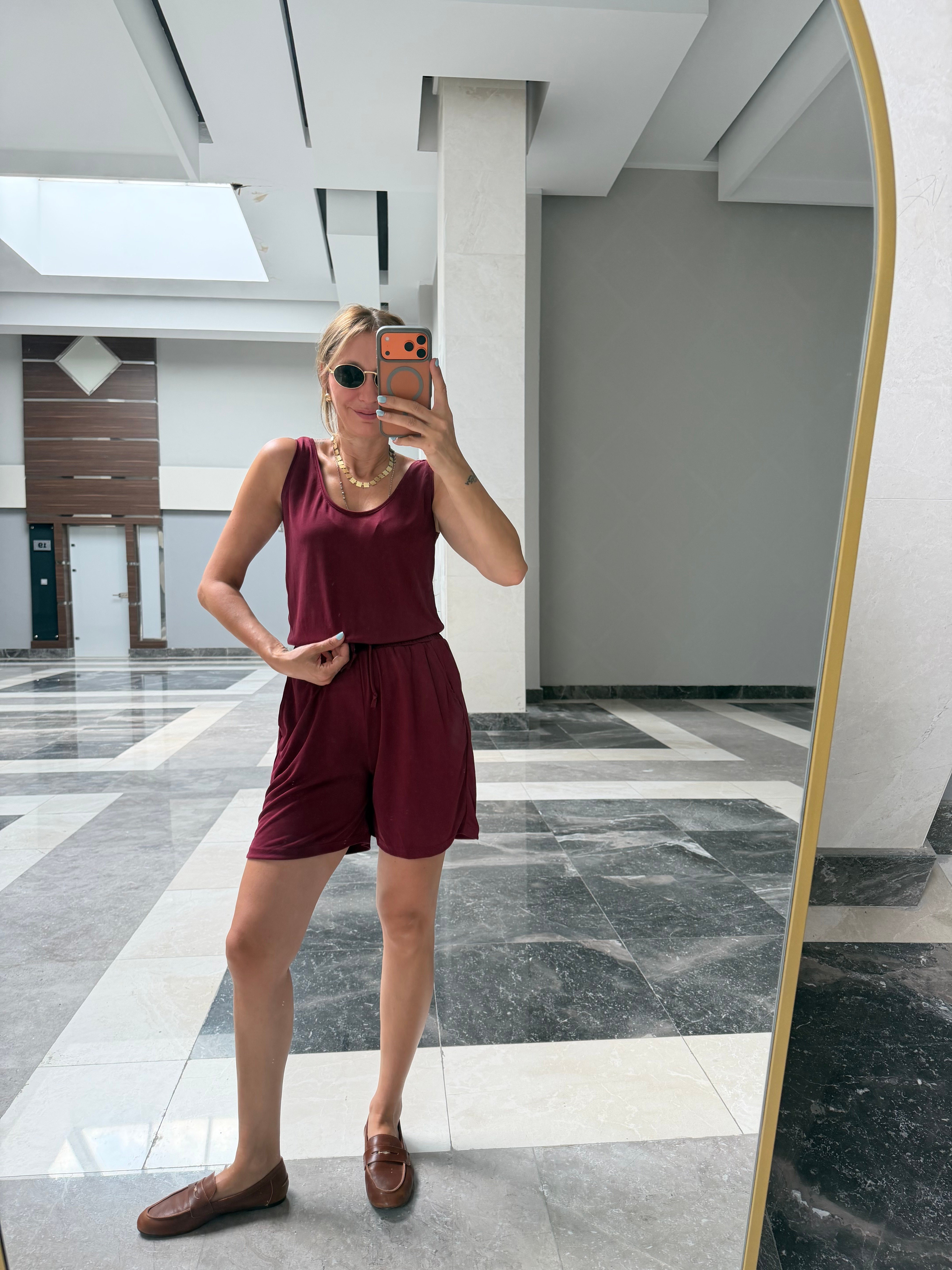 Oyş Bordo Modal Askılı Şort Takım