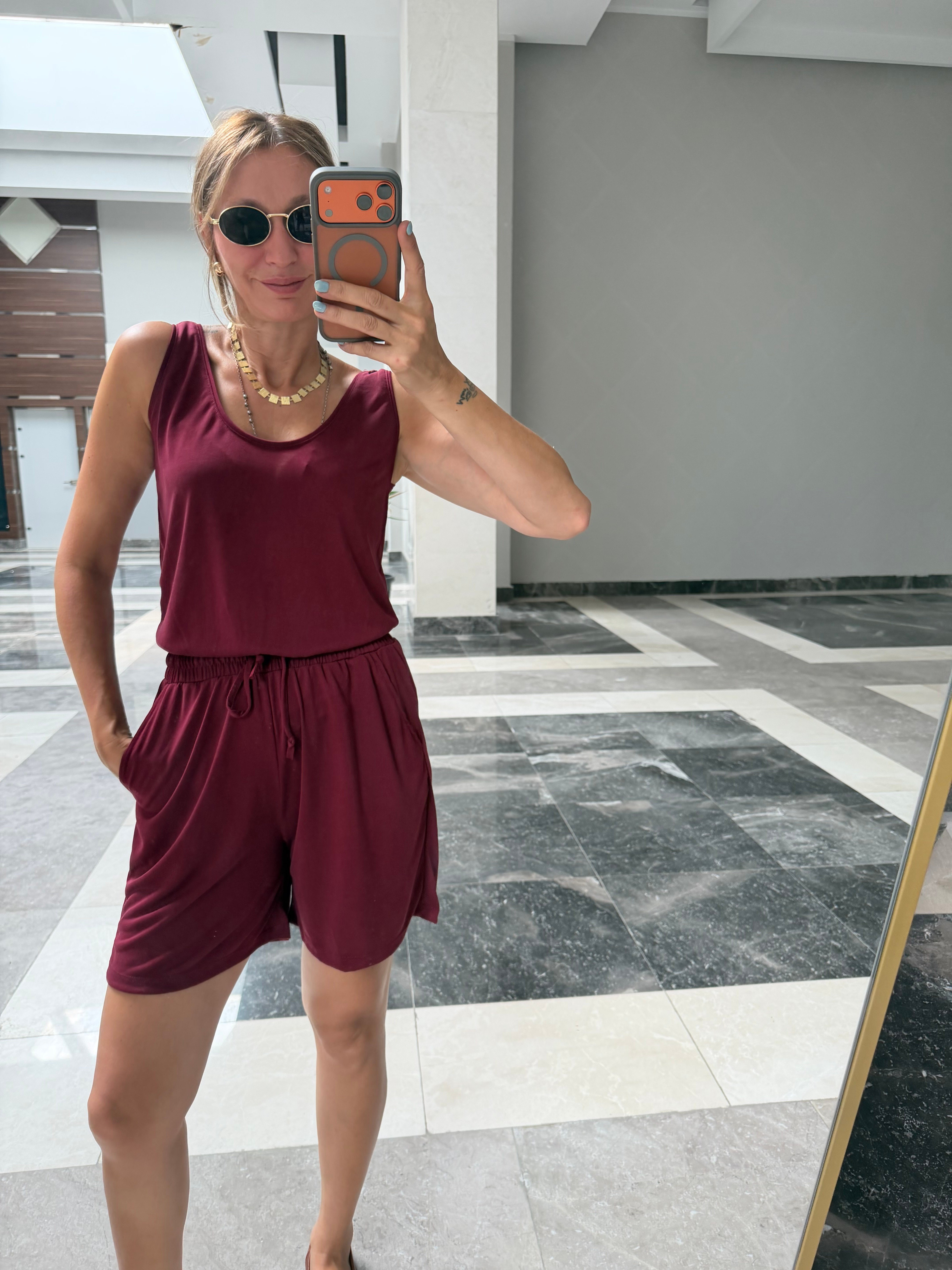 Oyş Bordo Modal Askılı Şort Takım