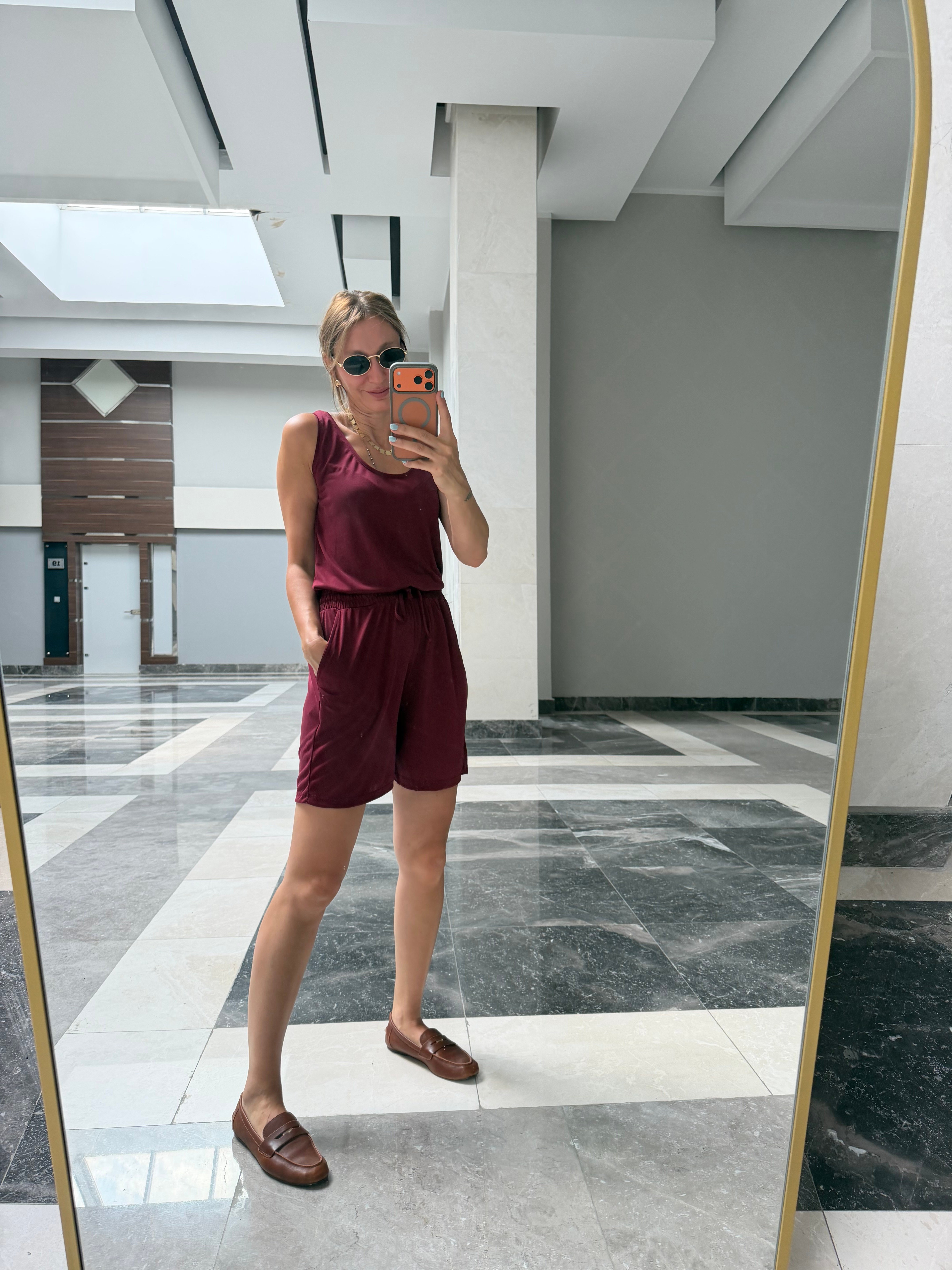 Oyş Bordo Modal Askılı Şort Takım