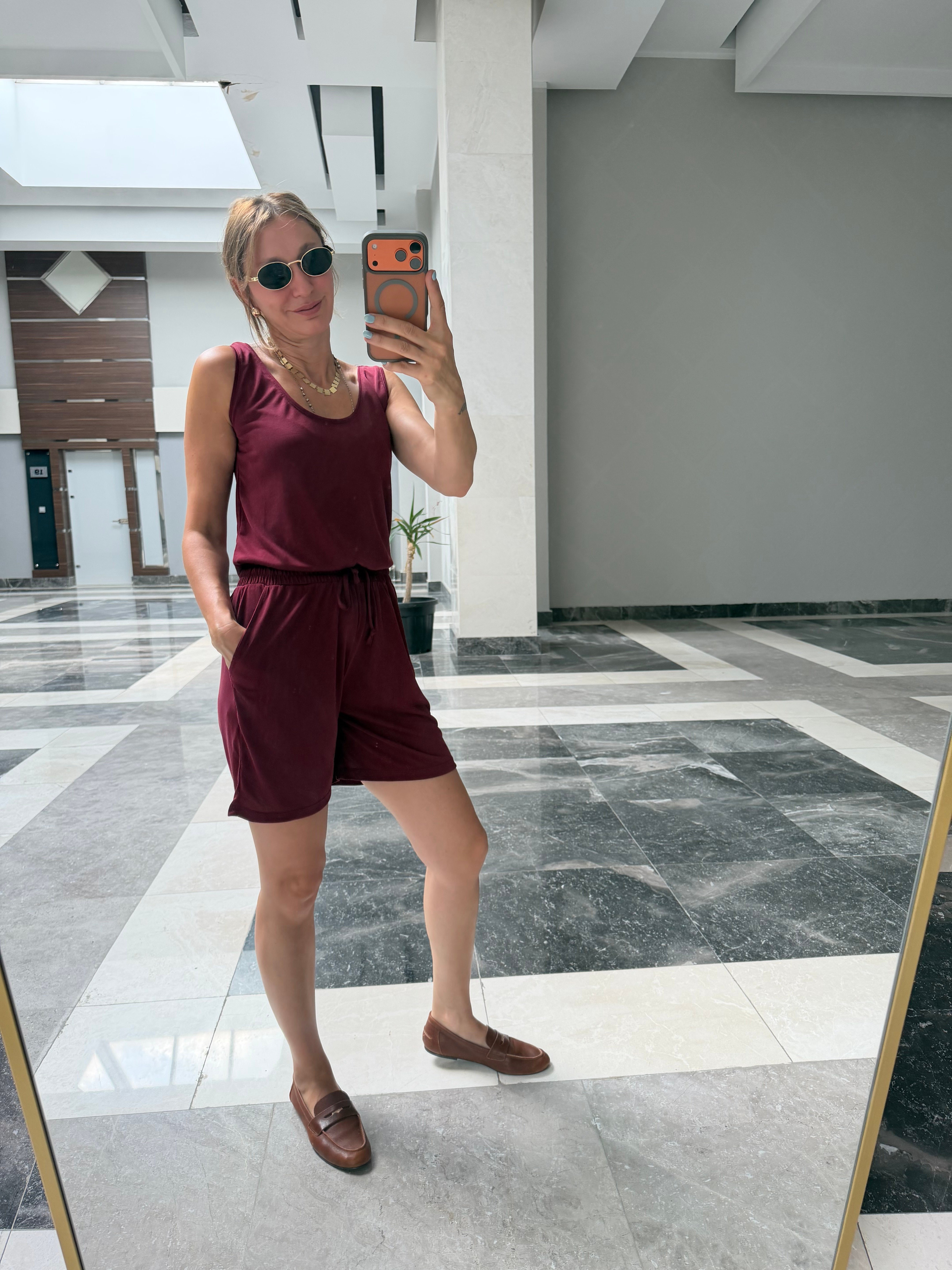 Oyş Bordo Modal Askılı Şort Takım