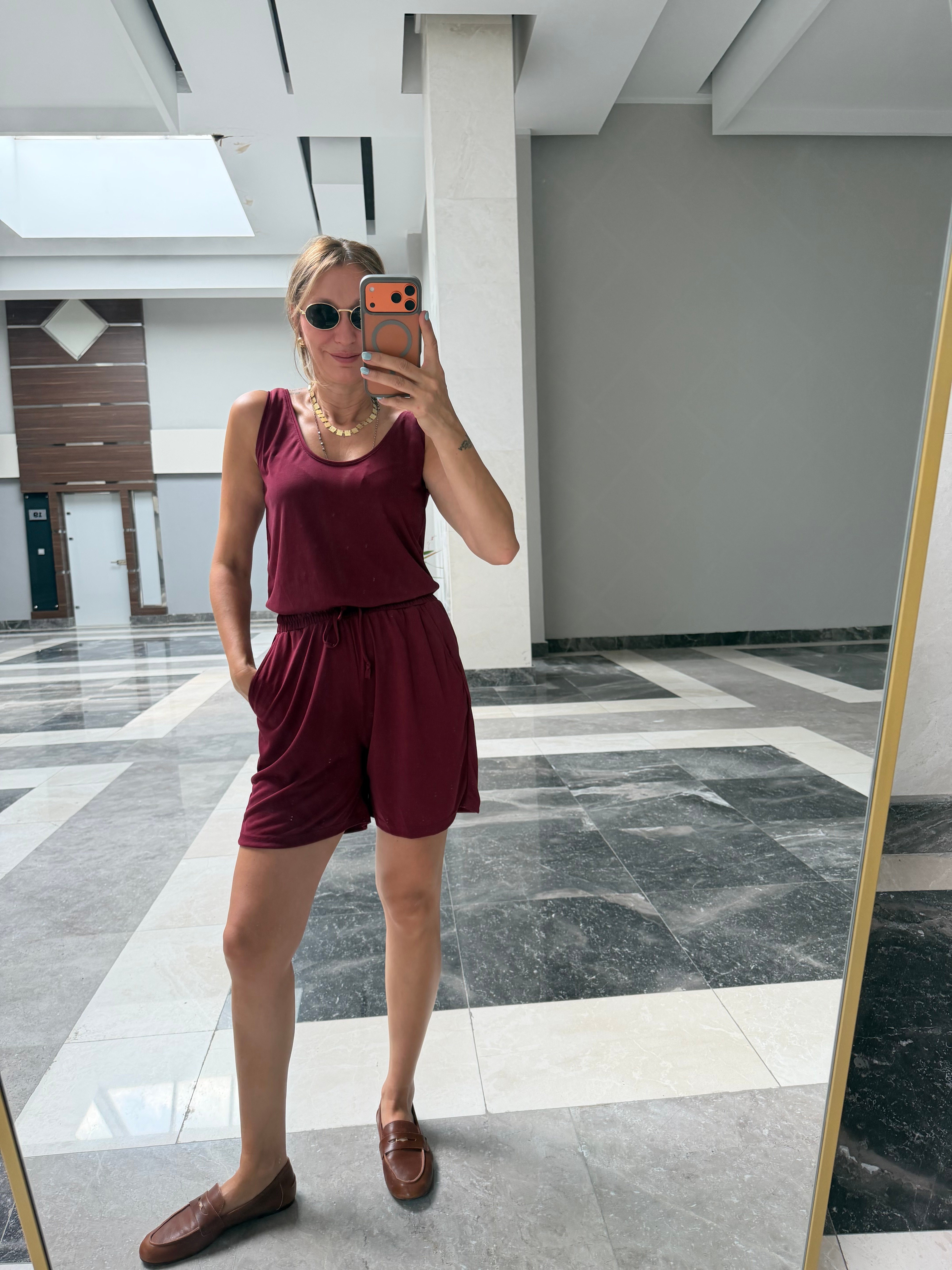 Oyş Bordo Modal Askılı Şort Takım