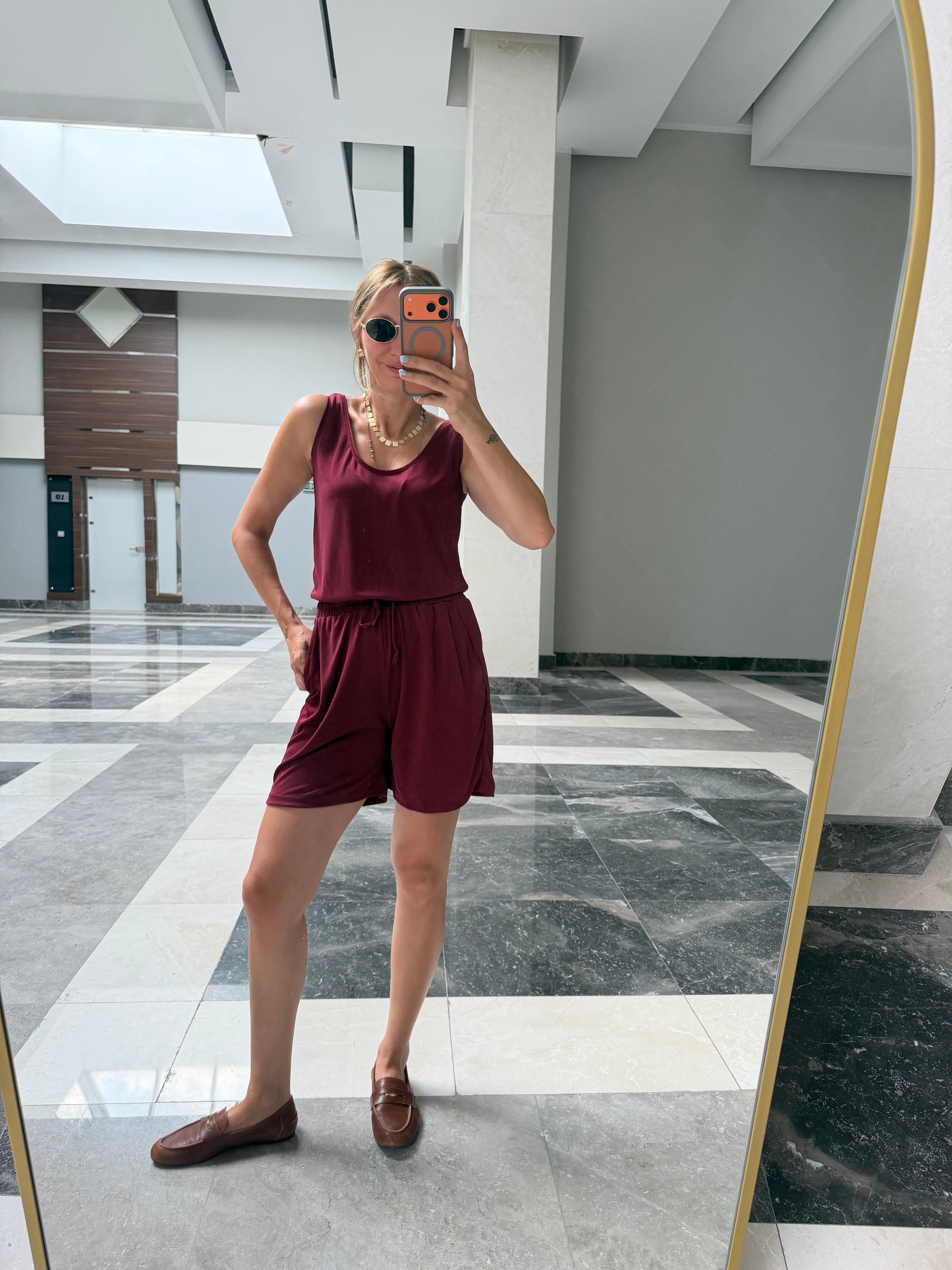 Oyş Bordo Modal Askılı Şort Takım