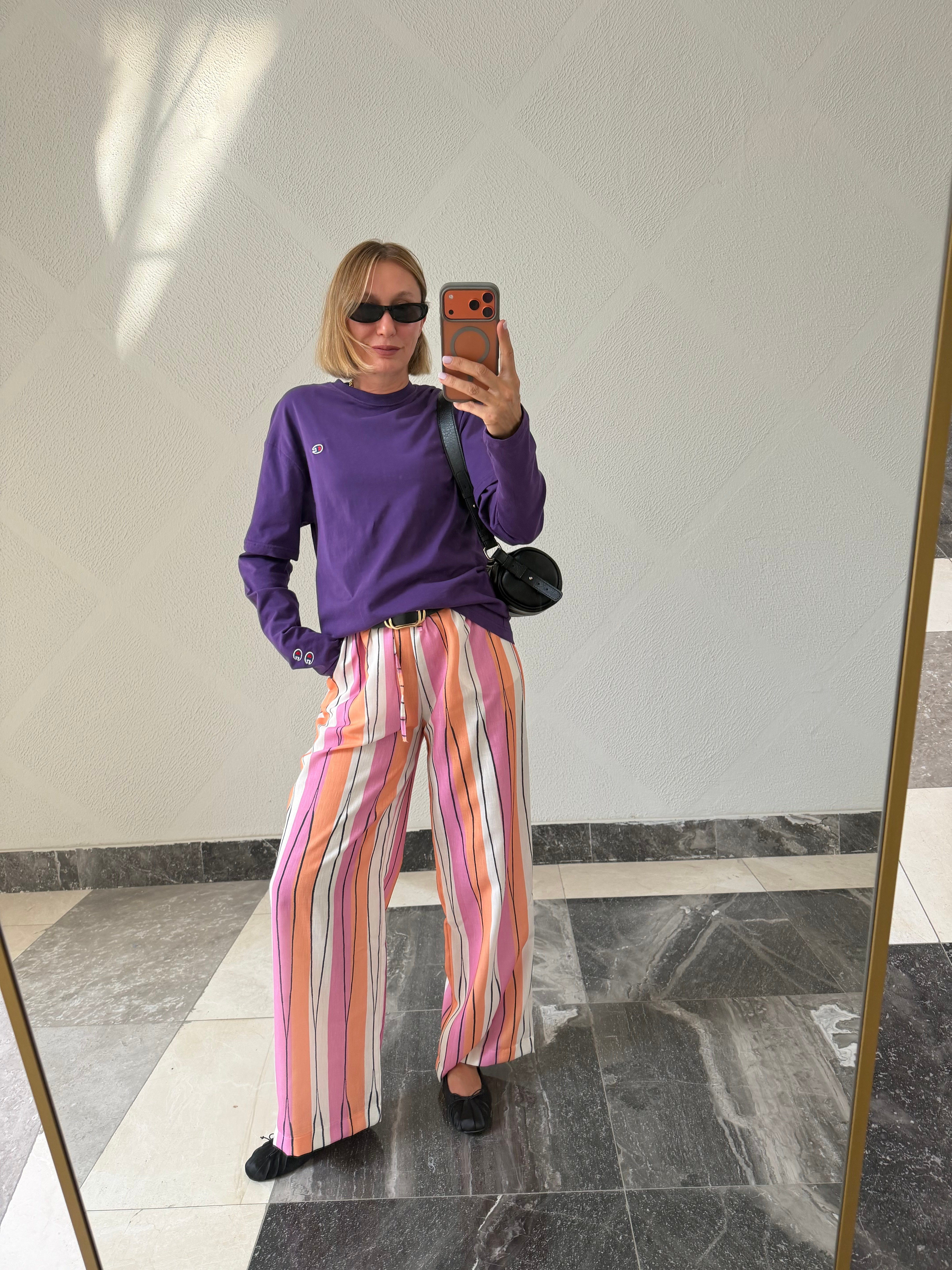 Oyş Çizgili Pembe Keten Pantolon