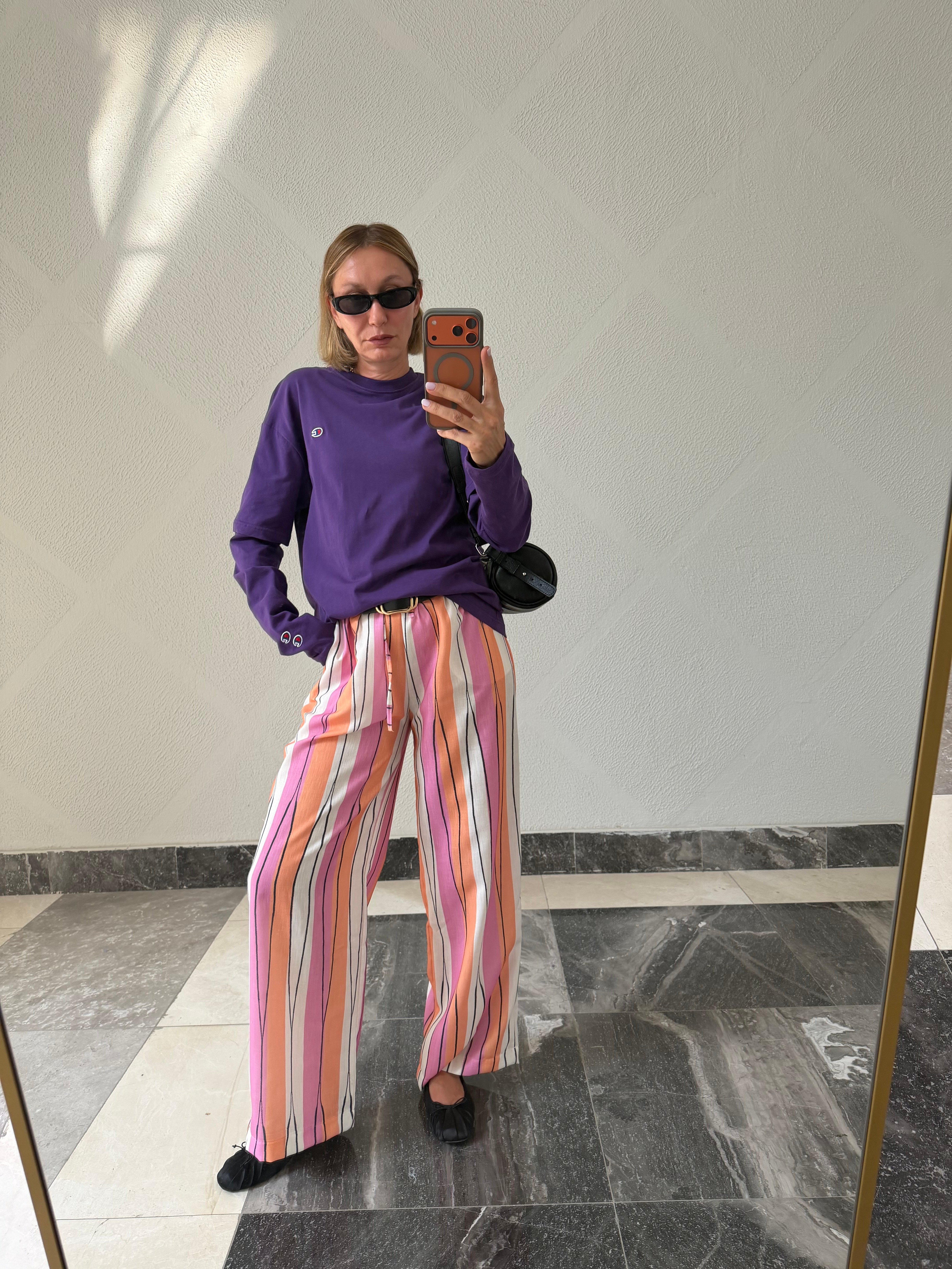 Oyş Çizgili Pembe Keten Pantolon