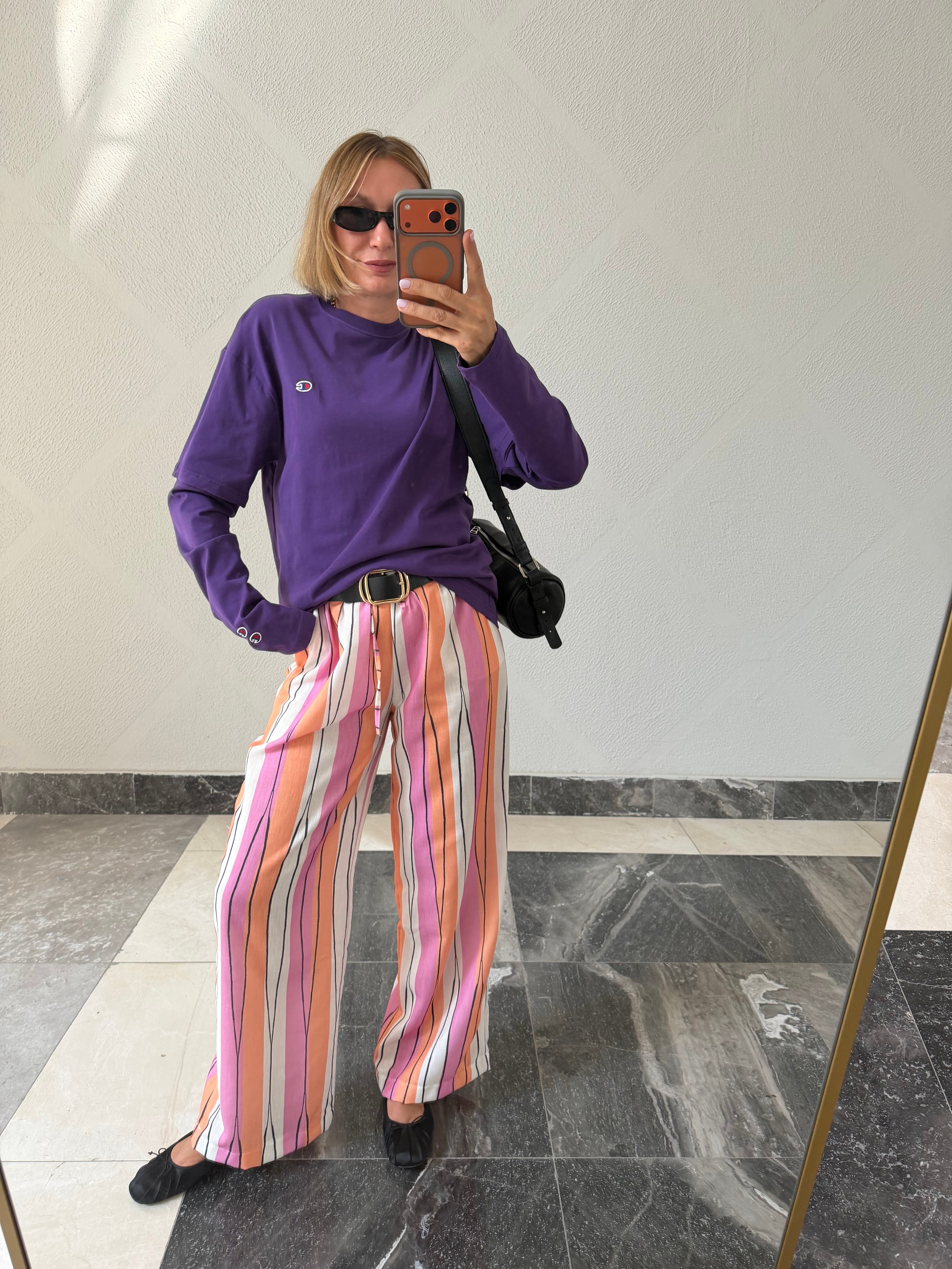 Oyş Çizgili Pembe Keten Pantolon