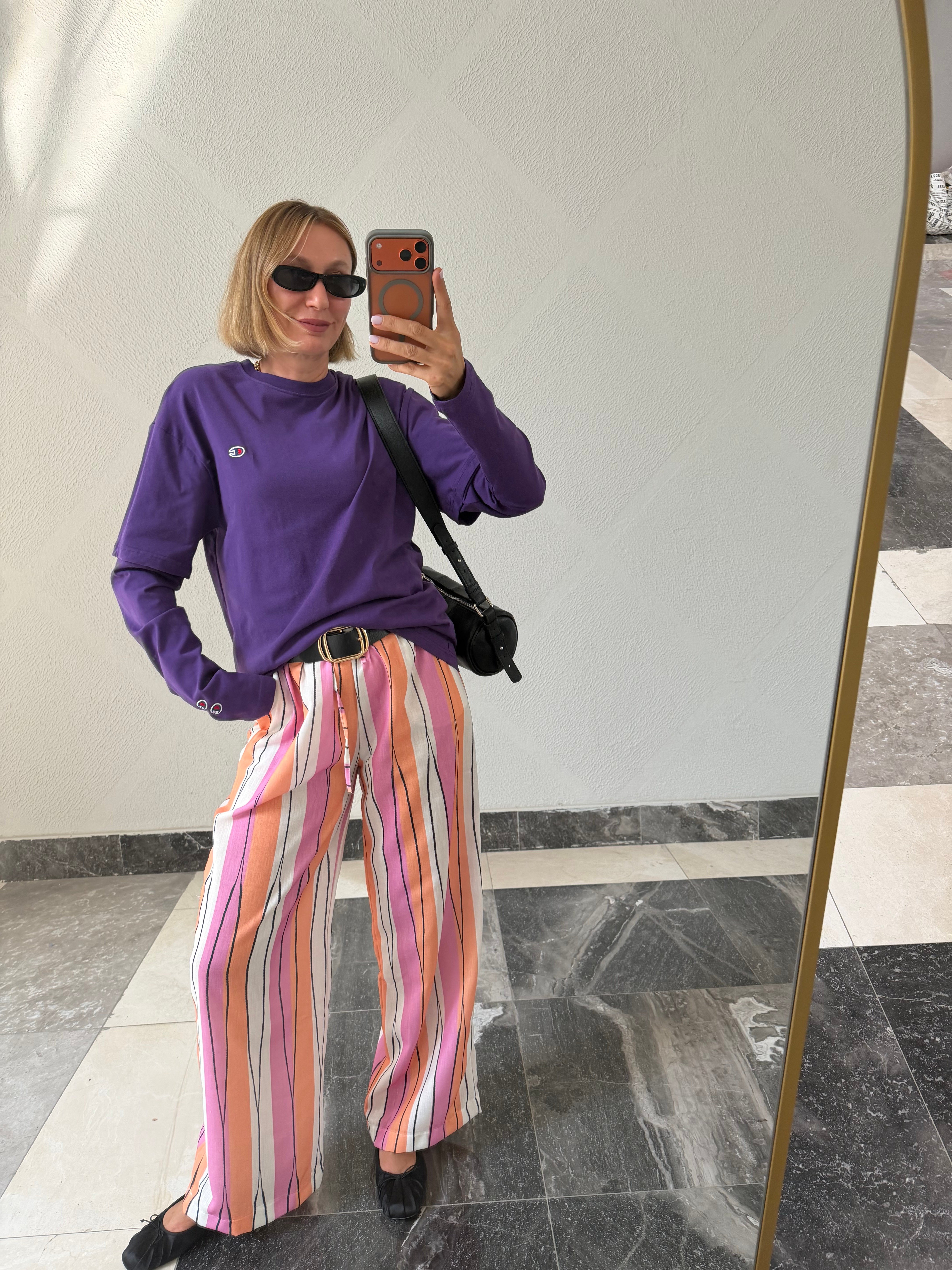 Oyş Çizgili Pembe Keten Pantolon