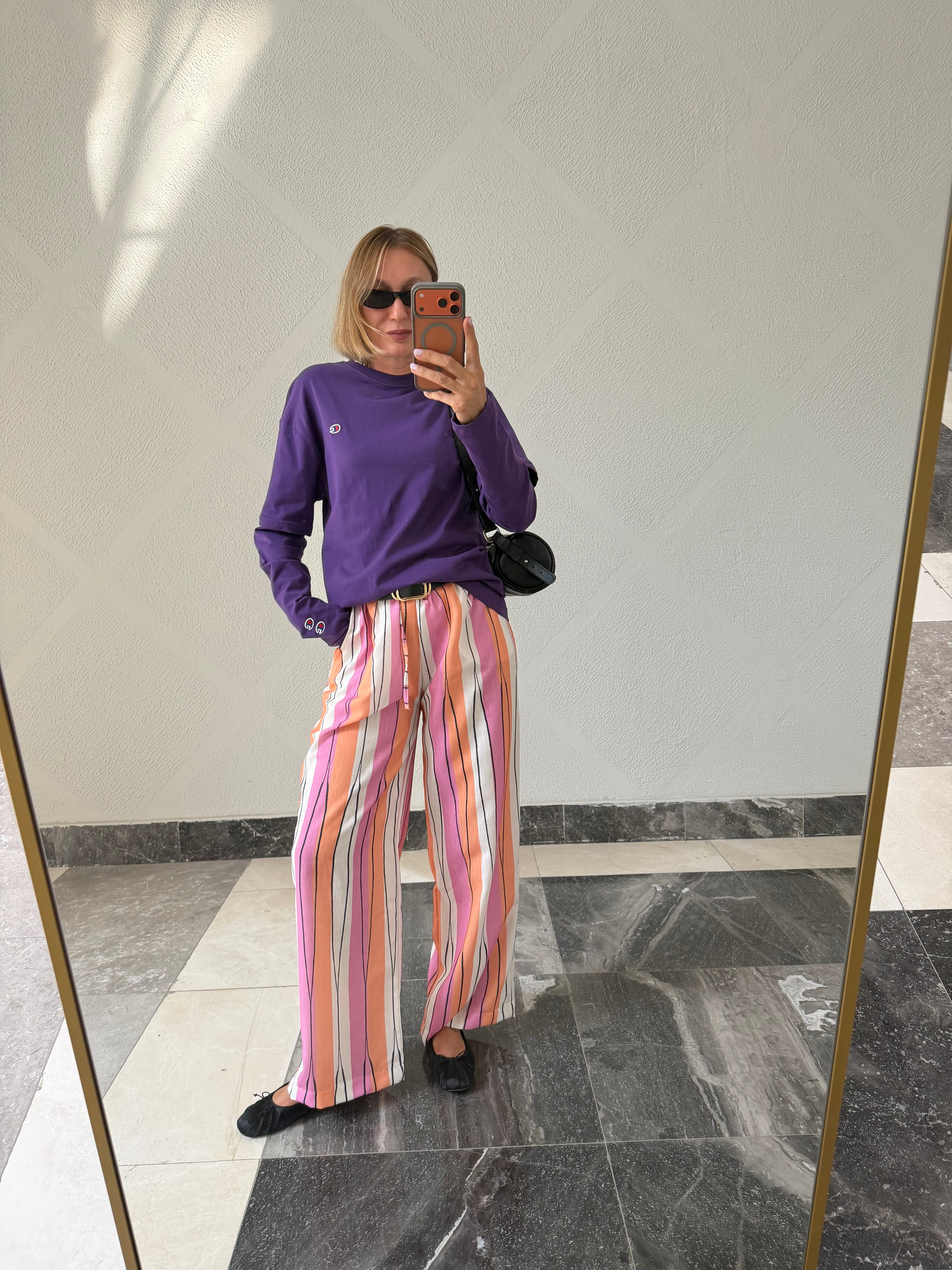 Oyş Çizgili Pembe Keten Pantolon
