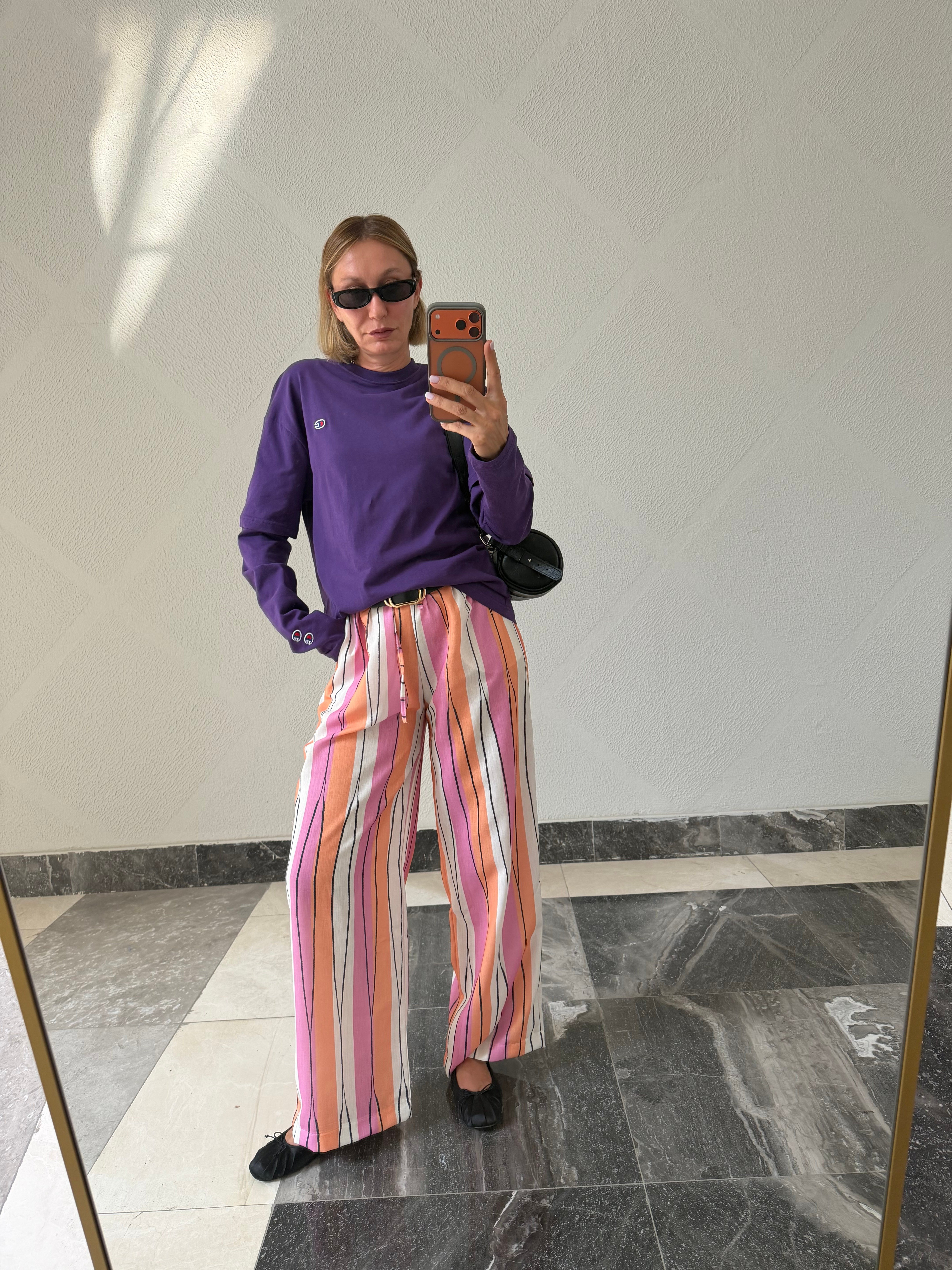 Oyş Çizgili Pembe Keten Pantolon