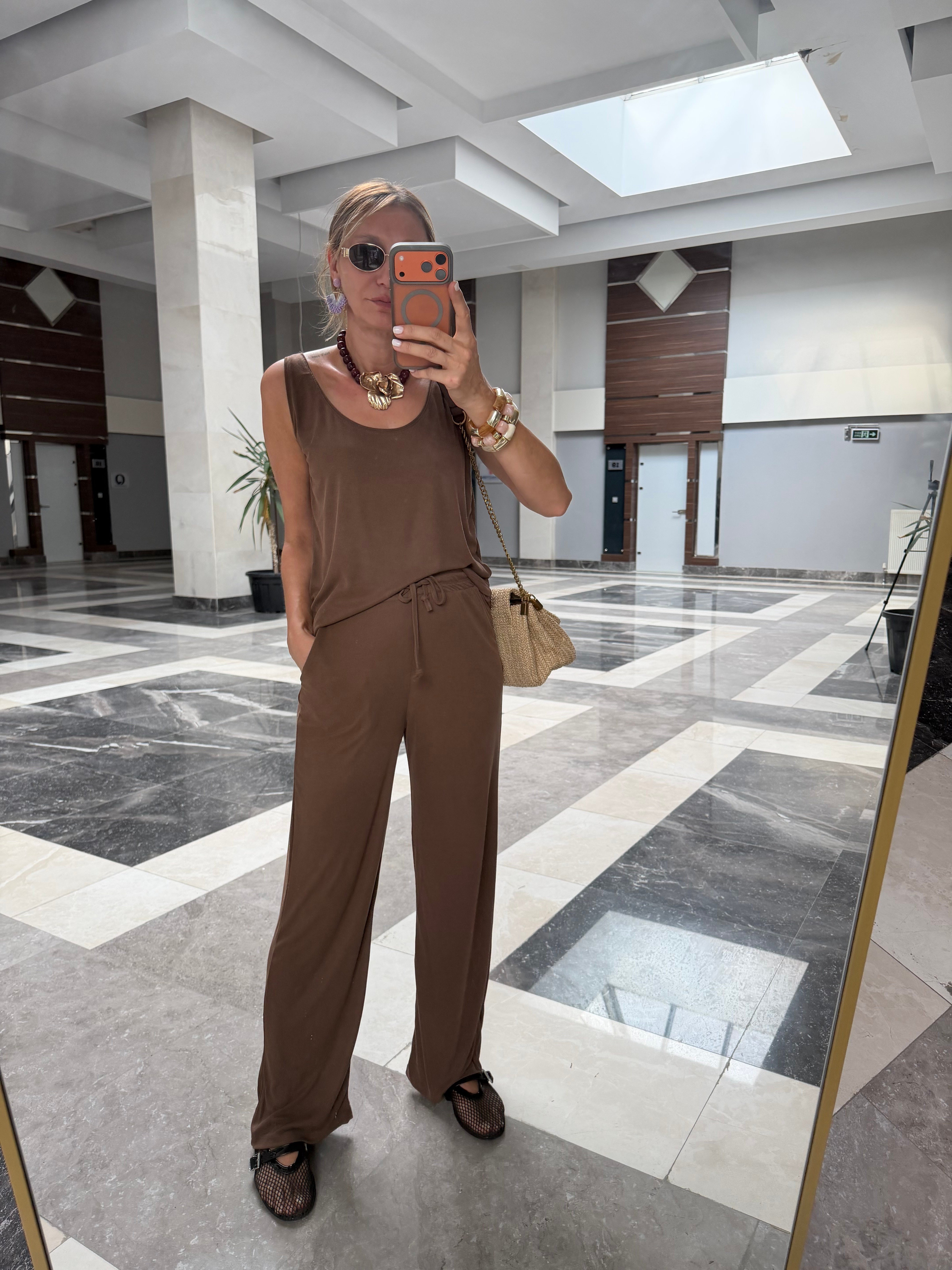 Oyş Fitilli Kahve Kalın Askılı Atlet Pantolon Takım