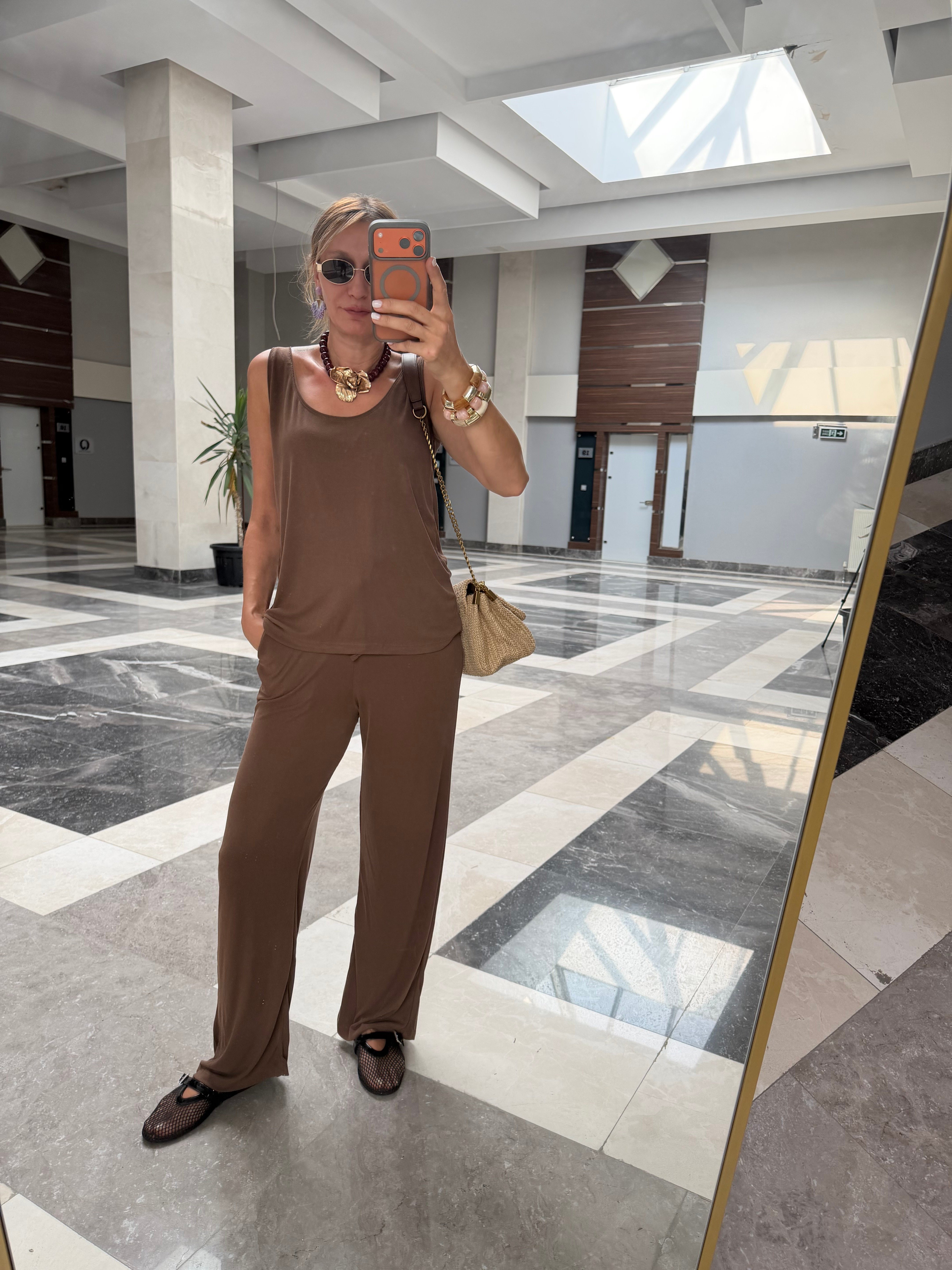 Oyş Fitilli Kahve Kalın Askılı Atlet Pantolon Takım