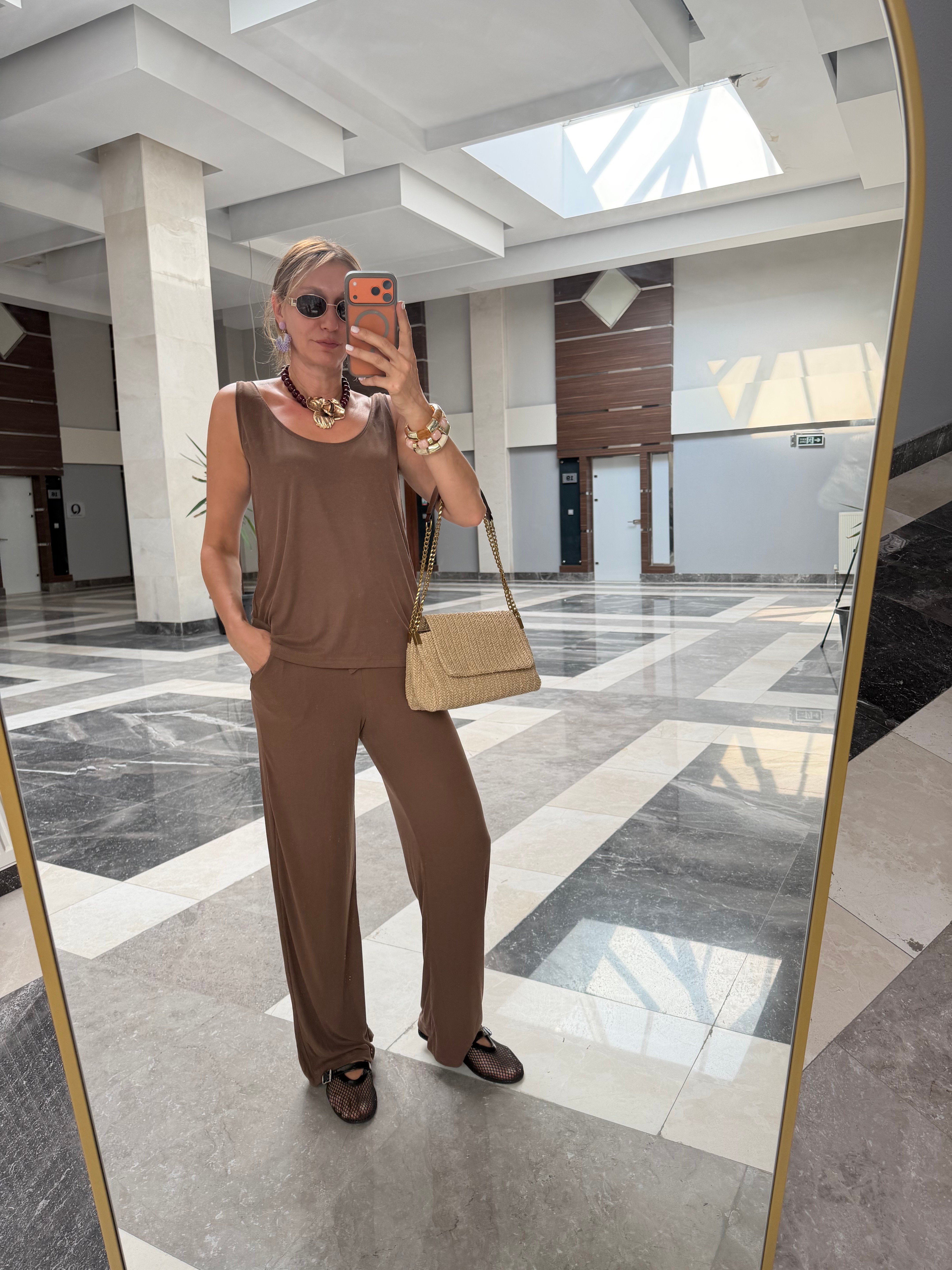 Oyş Fitilli Kahve Kalın Askılı Atlet Pantolon Takım