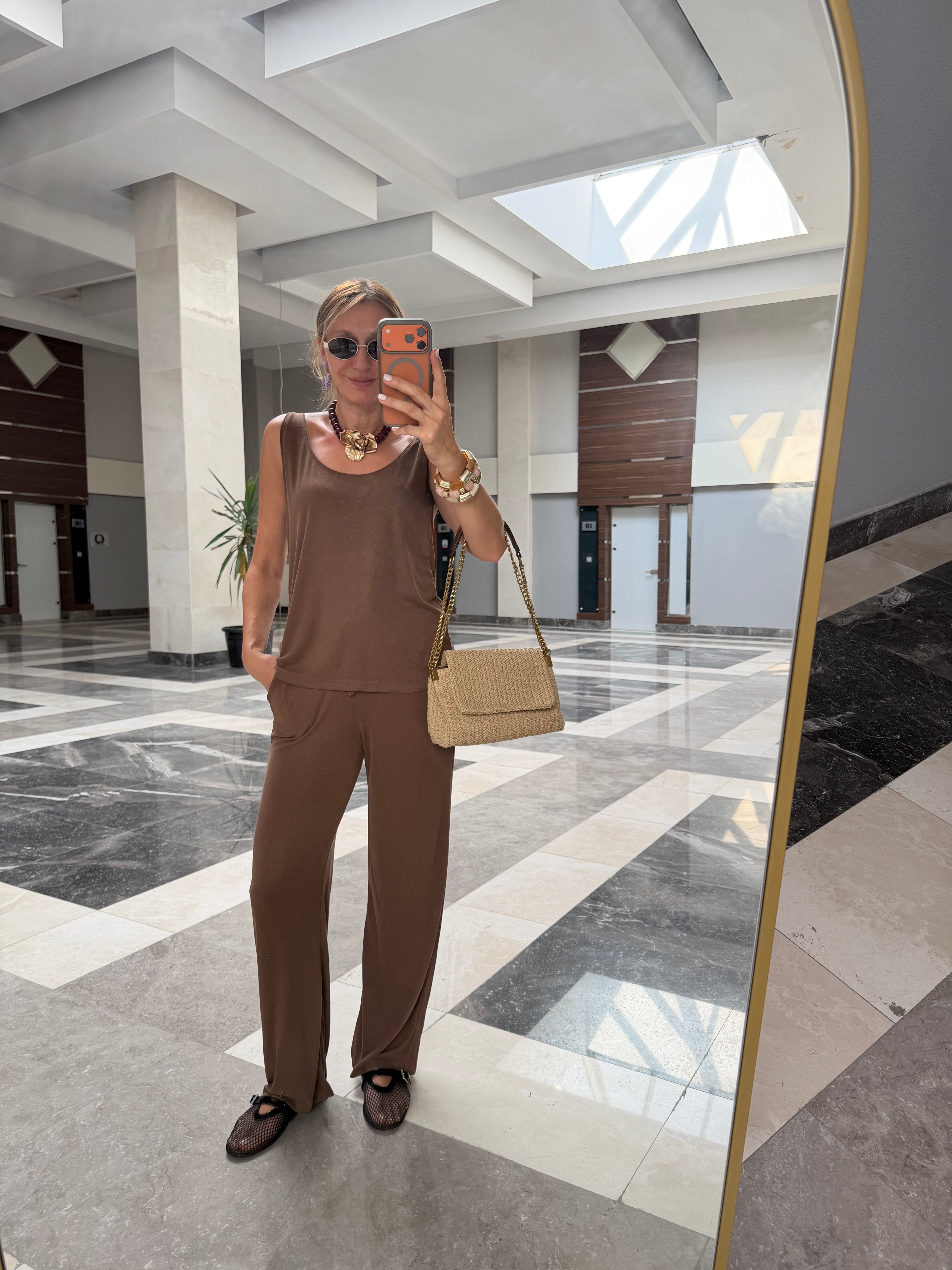 Oyş Fitilli Kahve Kalın Askılı Atlet Pantolon Takım