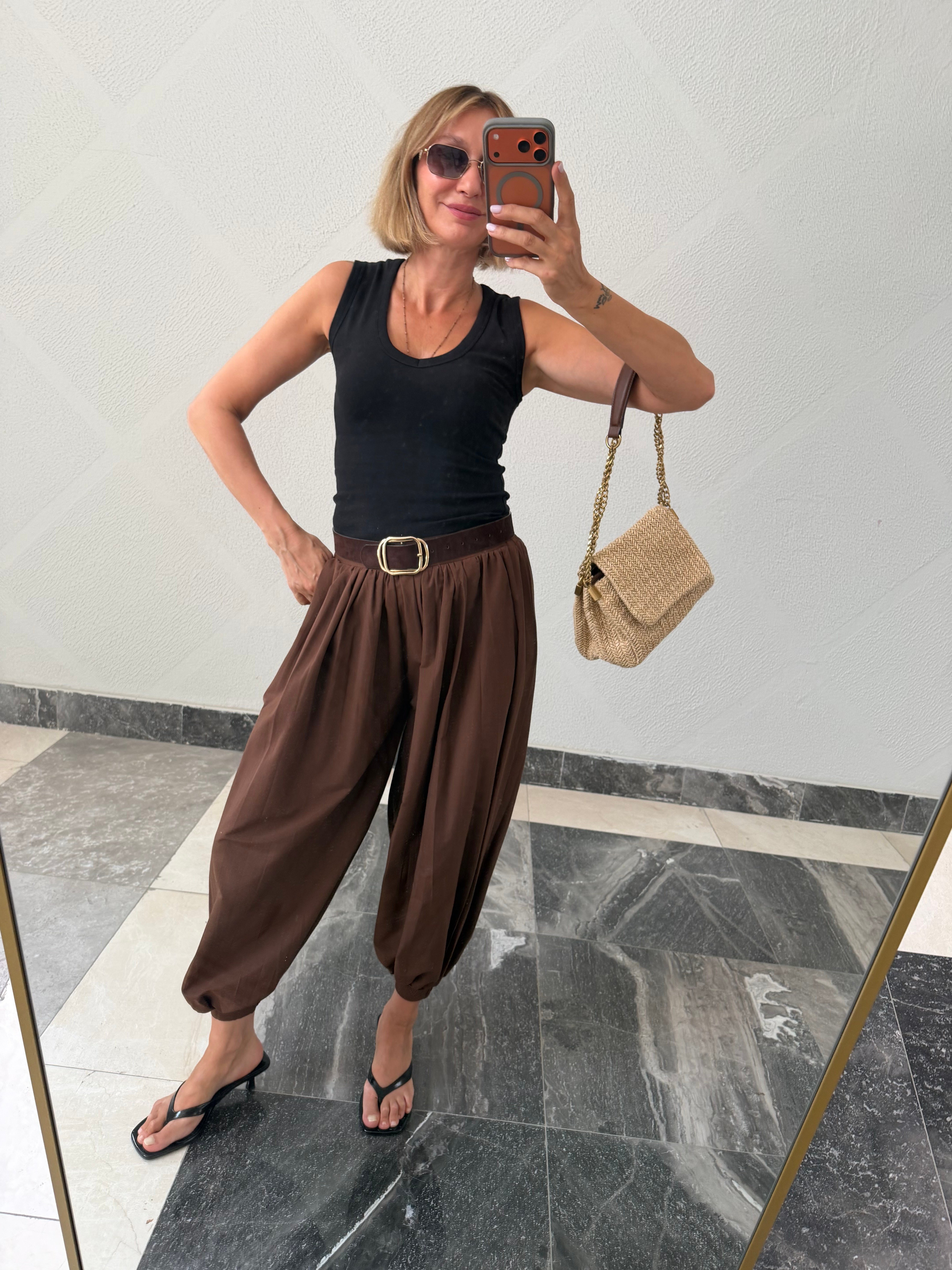 Oyş Kahve Şalvar Model Paçası Lastikli Pantolon