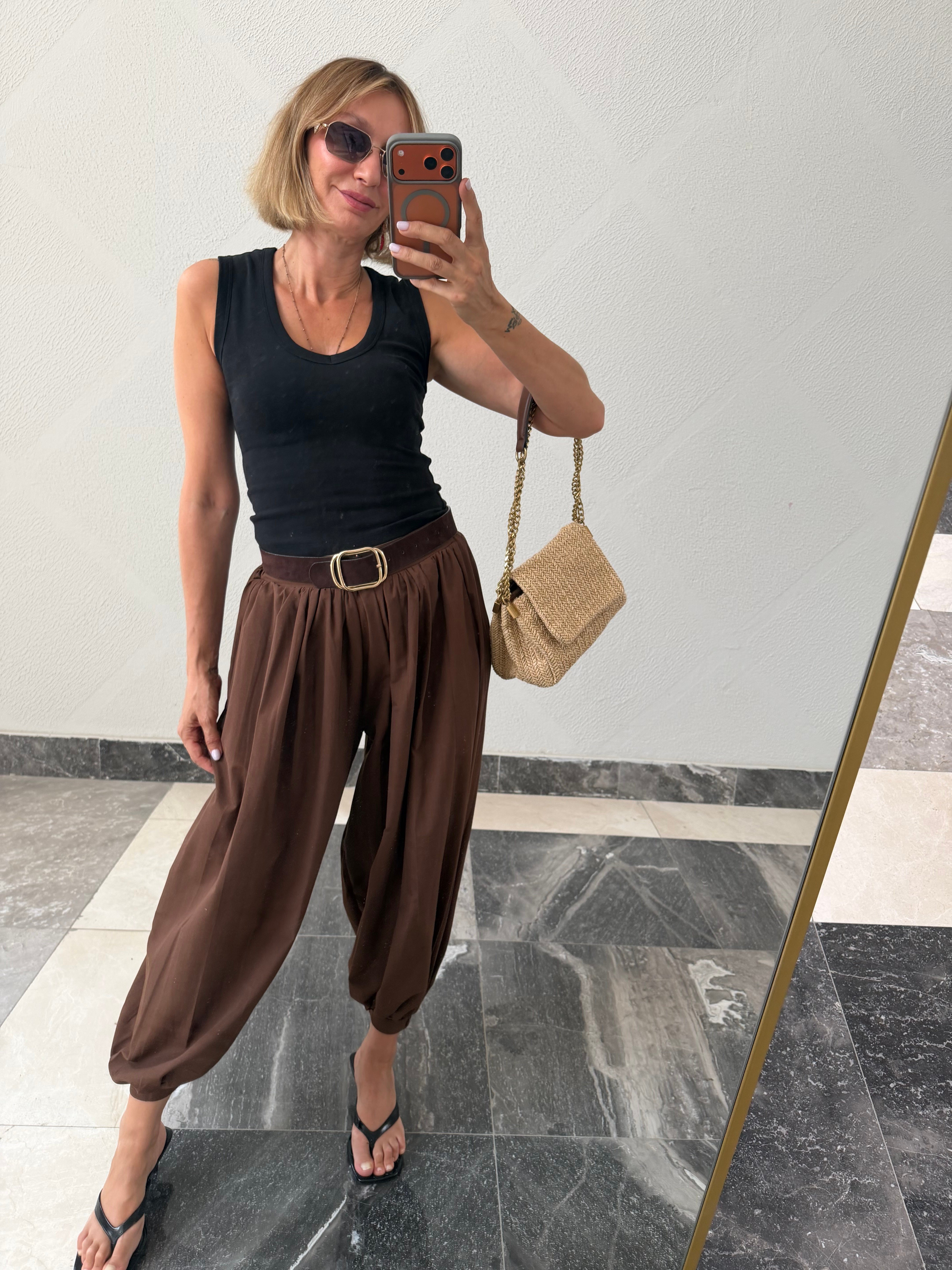 Oyş Kahve Şalvar Model Paçası Lastikli Pantolon