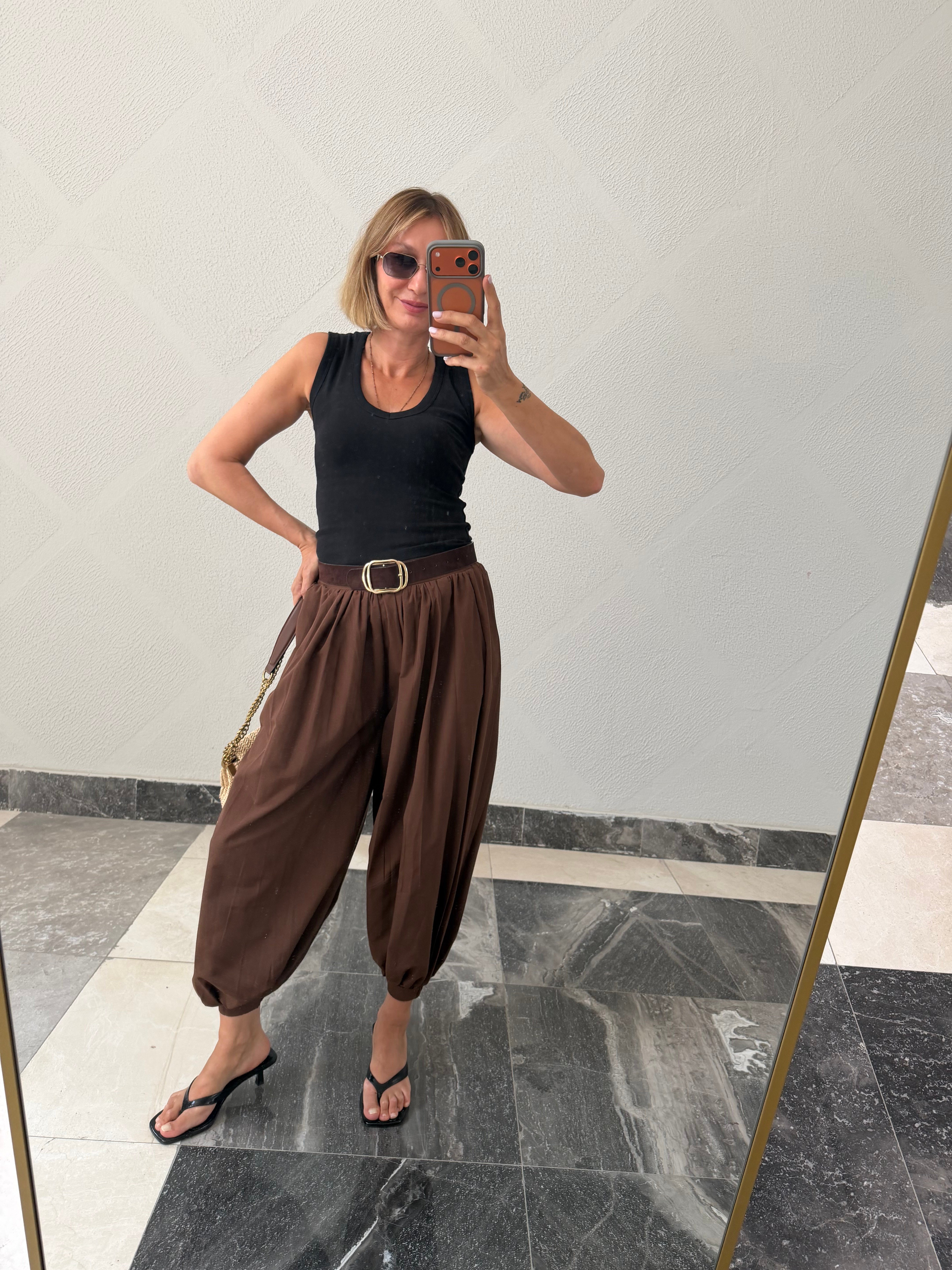 Oyş Kahve Şalvar Model Paçası Lastikli Pantolon