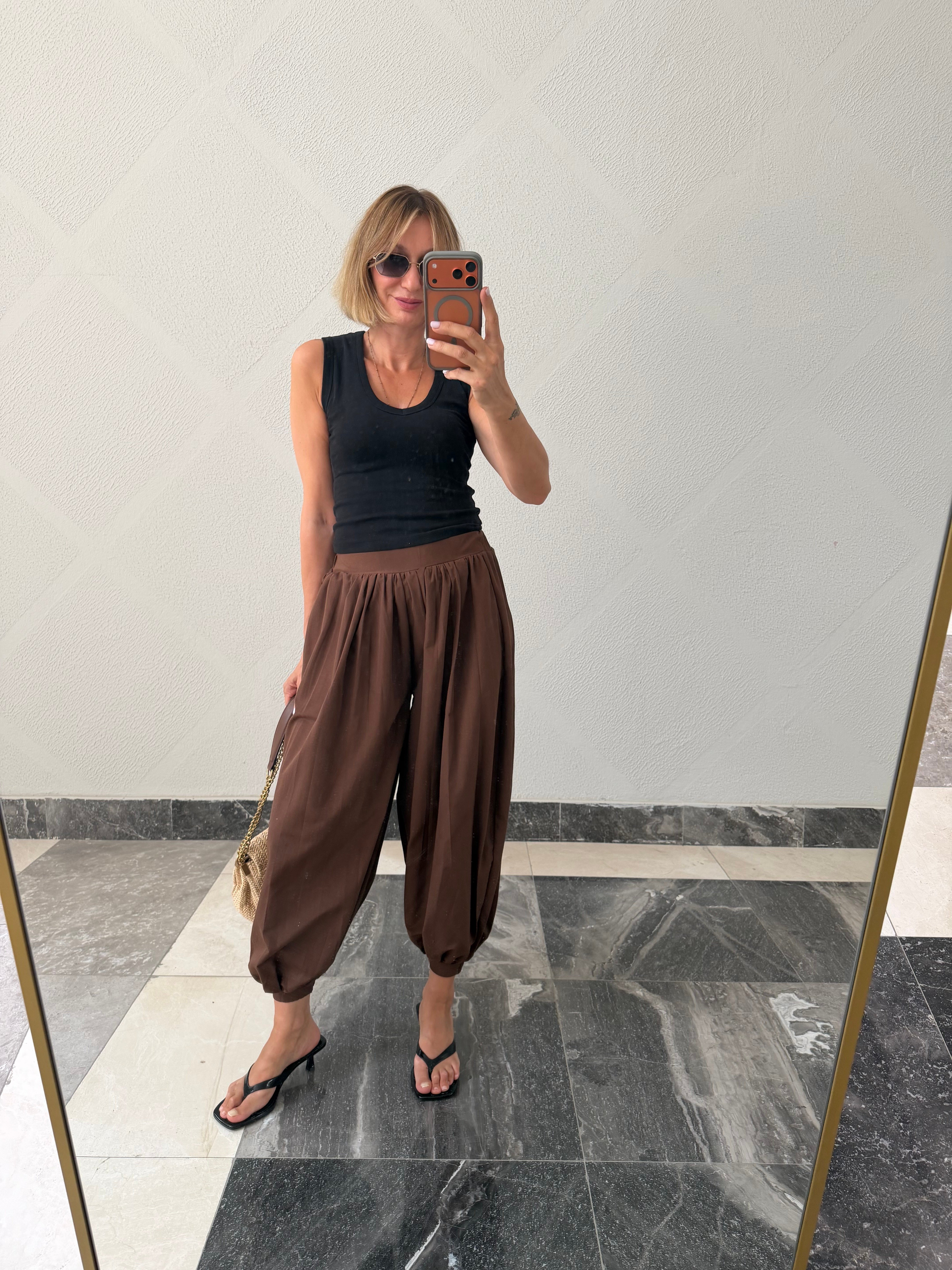 Oyş Kahve Şalvar Model Paçası Lastikli Pantolon
