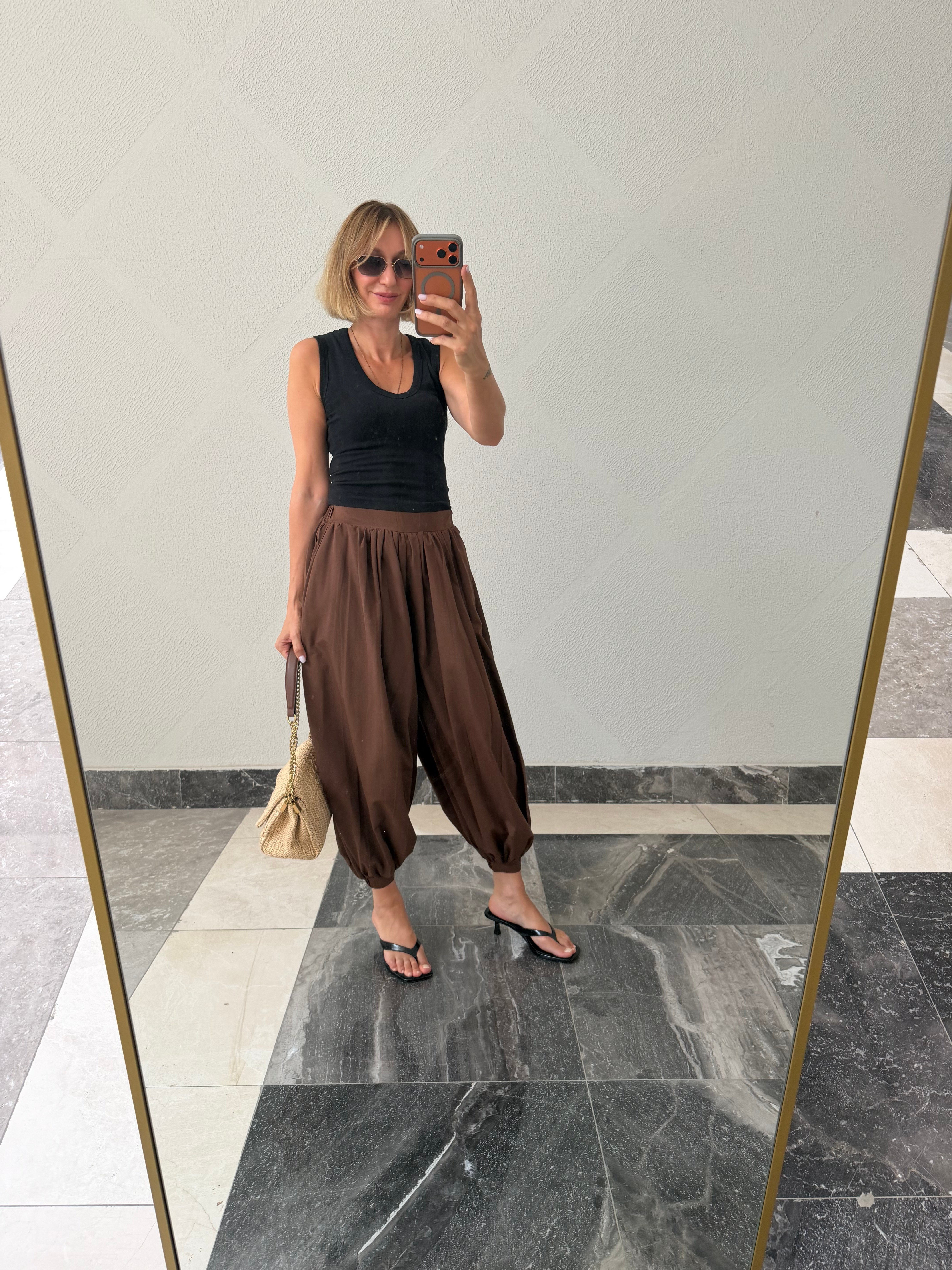 Oyş Kahve Şalvar Model Paçası Lastikli Pantolon
