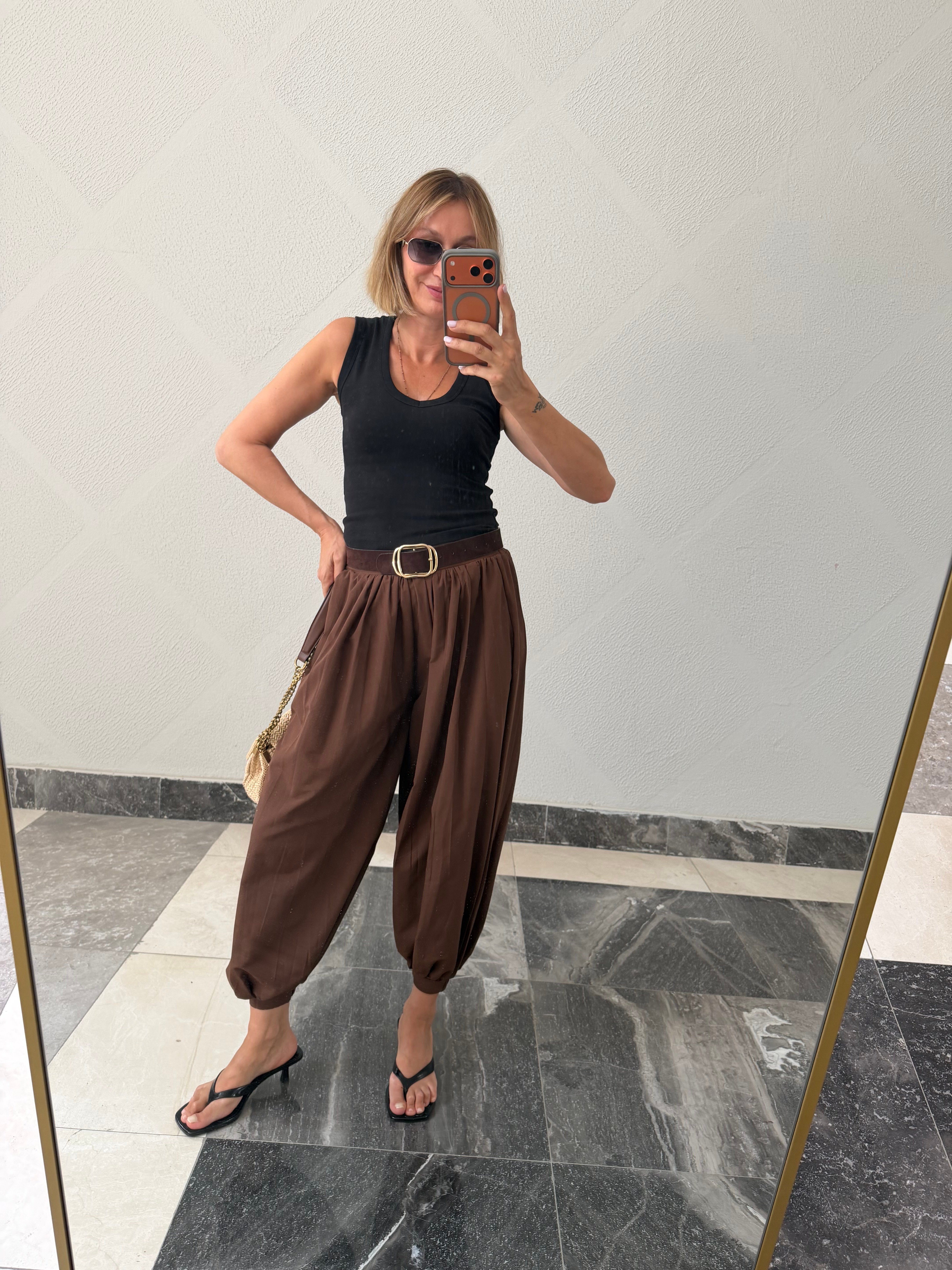 Oyş Kahve Şalvar Model Paçası Lastikli Pantolon