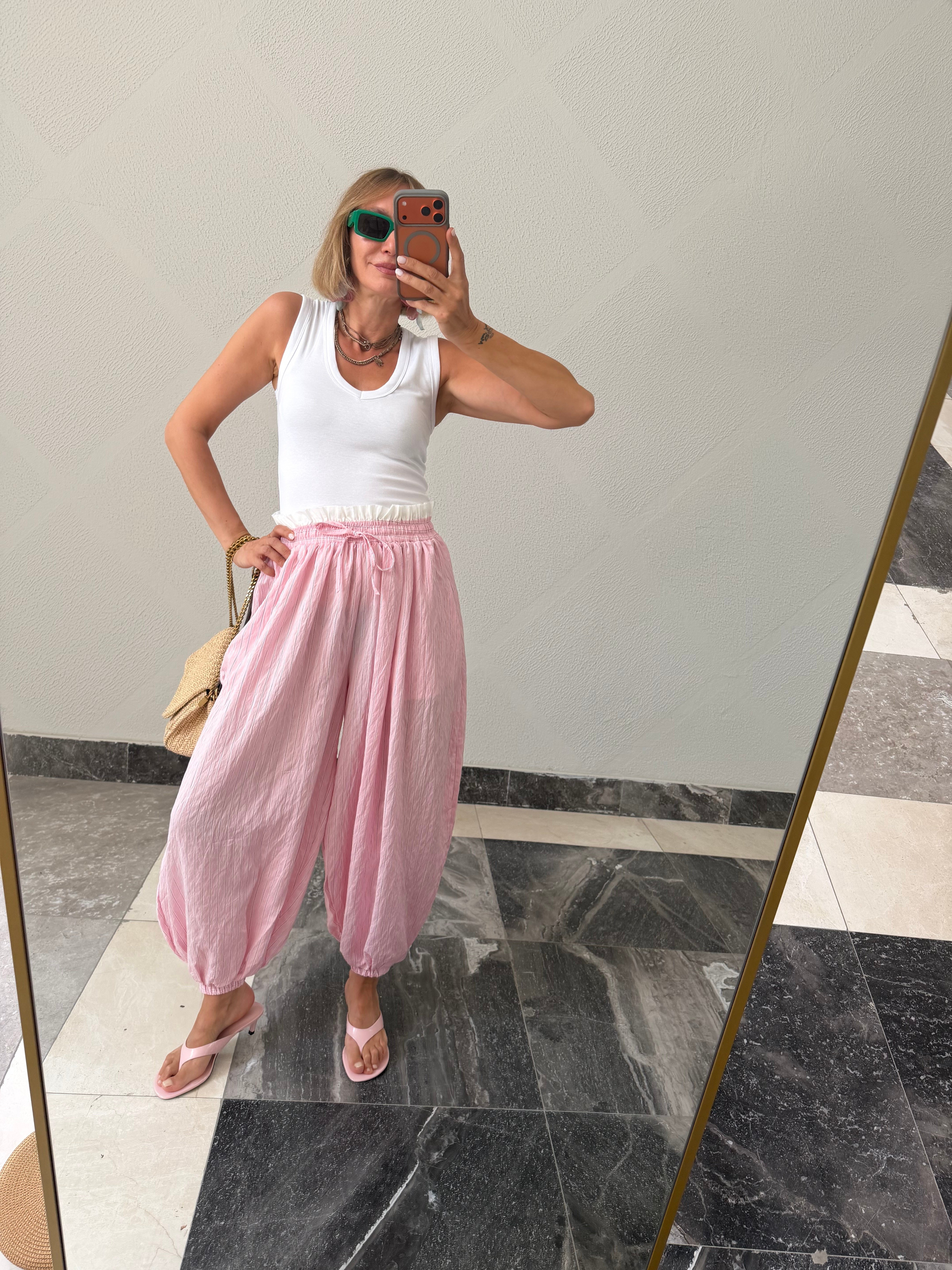 Oyş Pembe Bel Fırfırlı Şalvar Pantolon