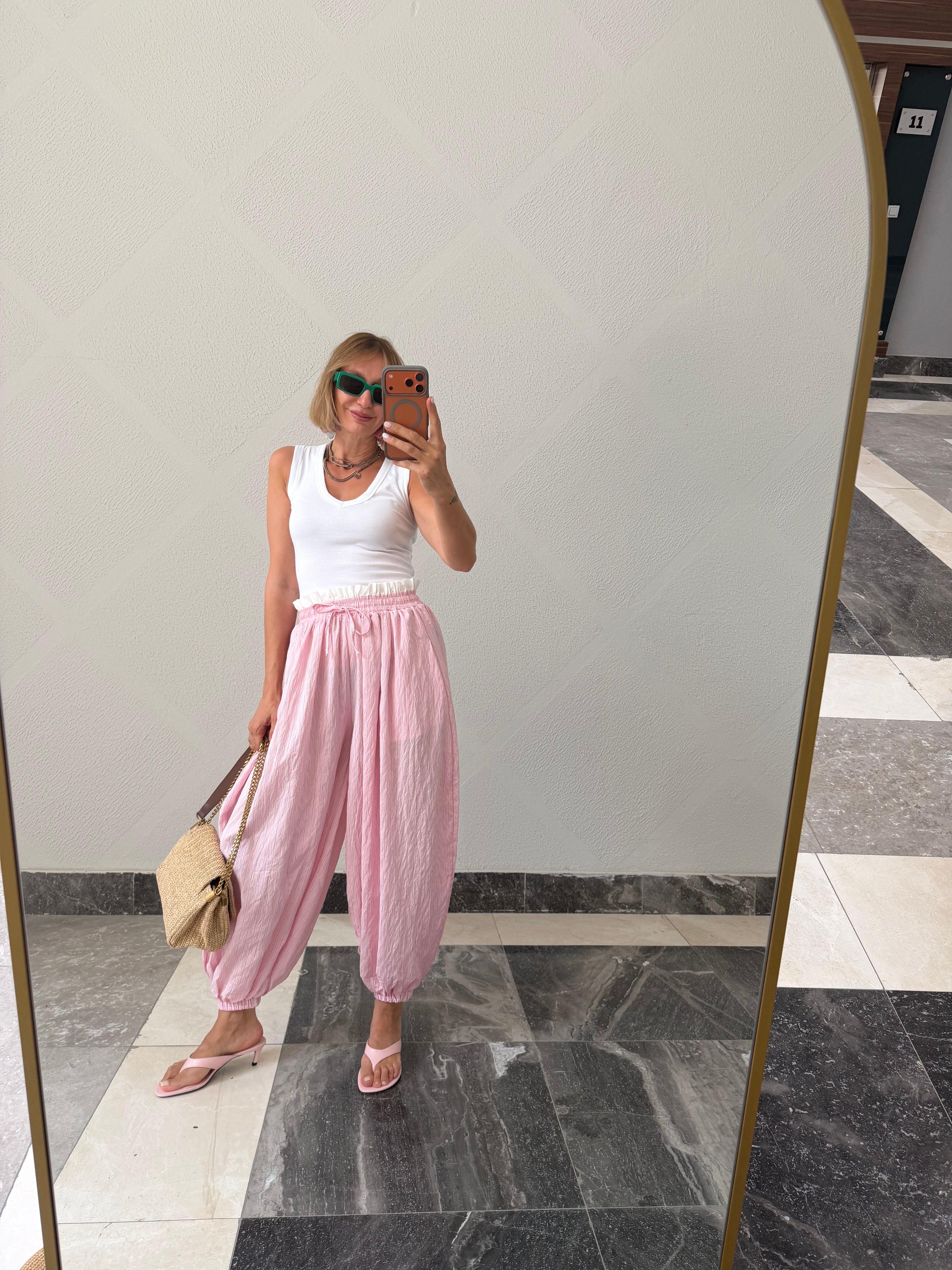 Oyş Pembe Bel Fırfırlı Şalvar Pantolon