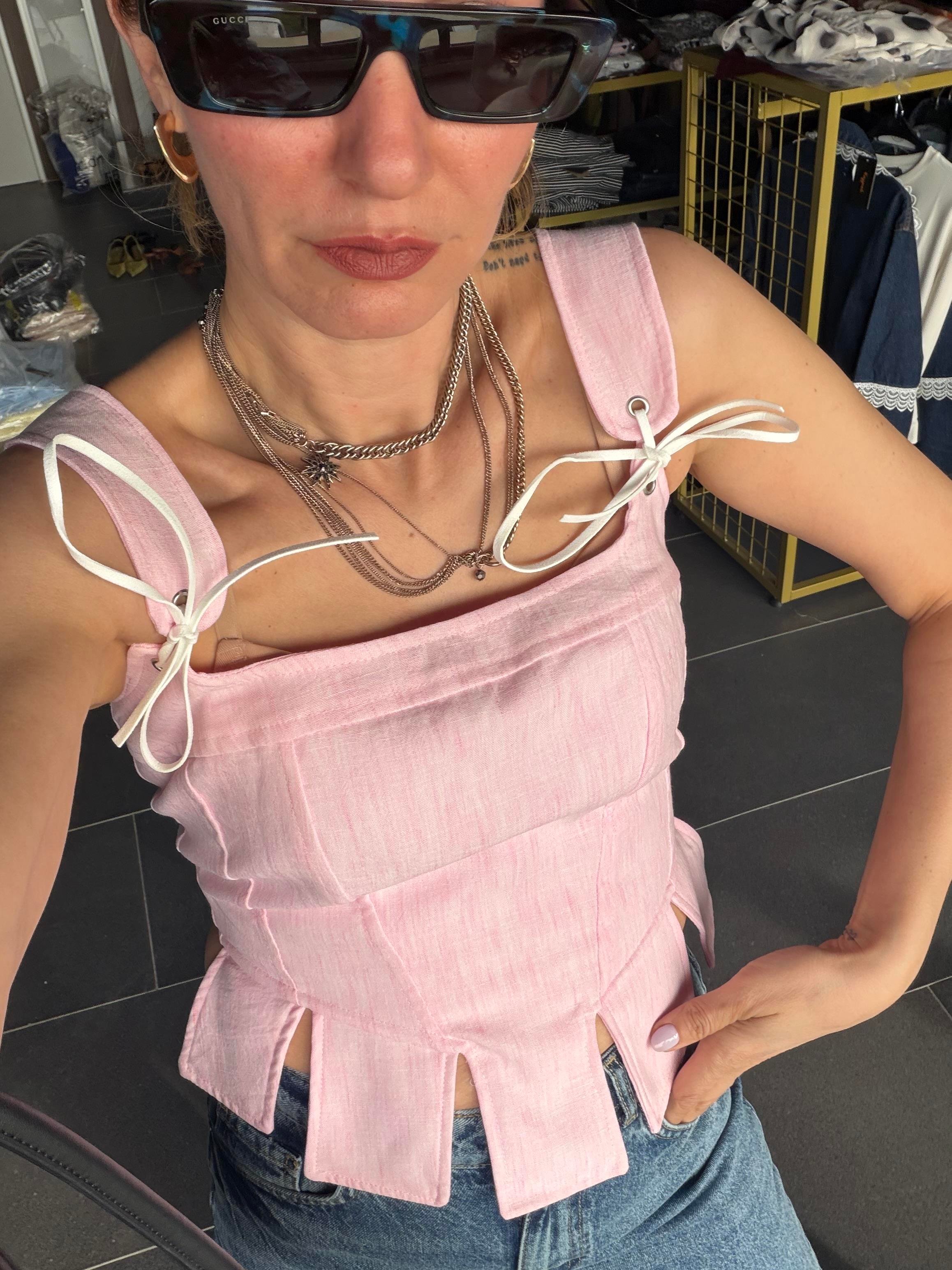 Pembe Askılı Korse Bluz