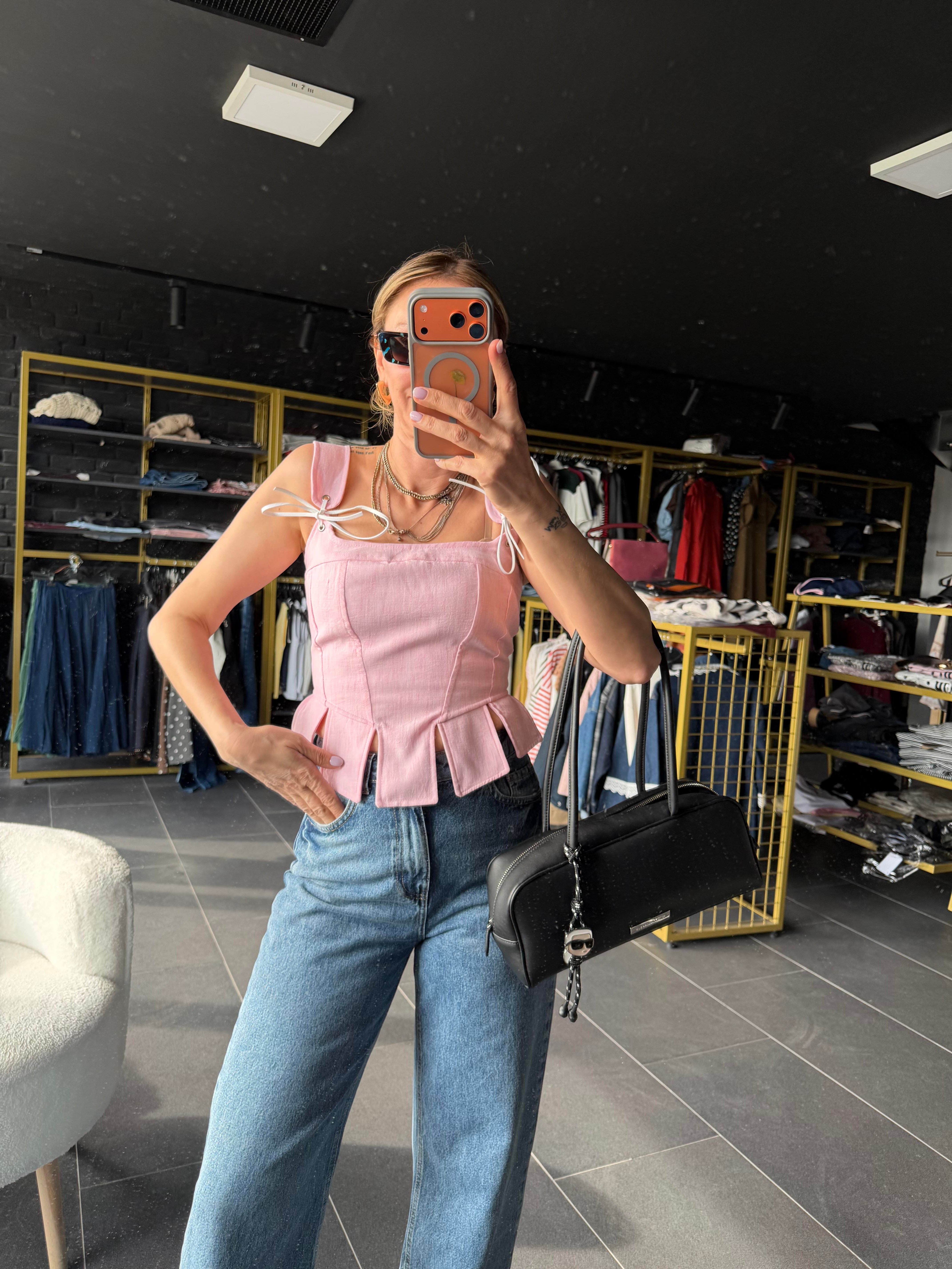Pembe Askılı Korse Bluz