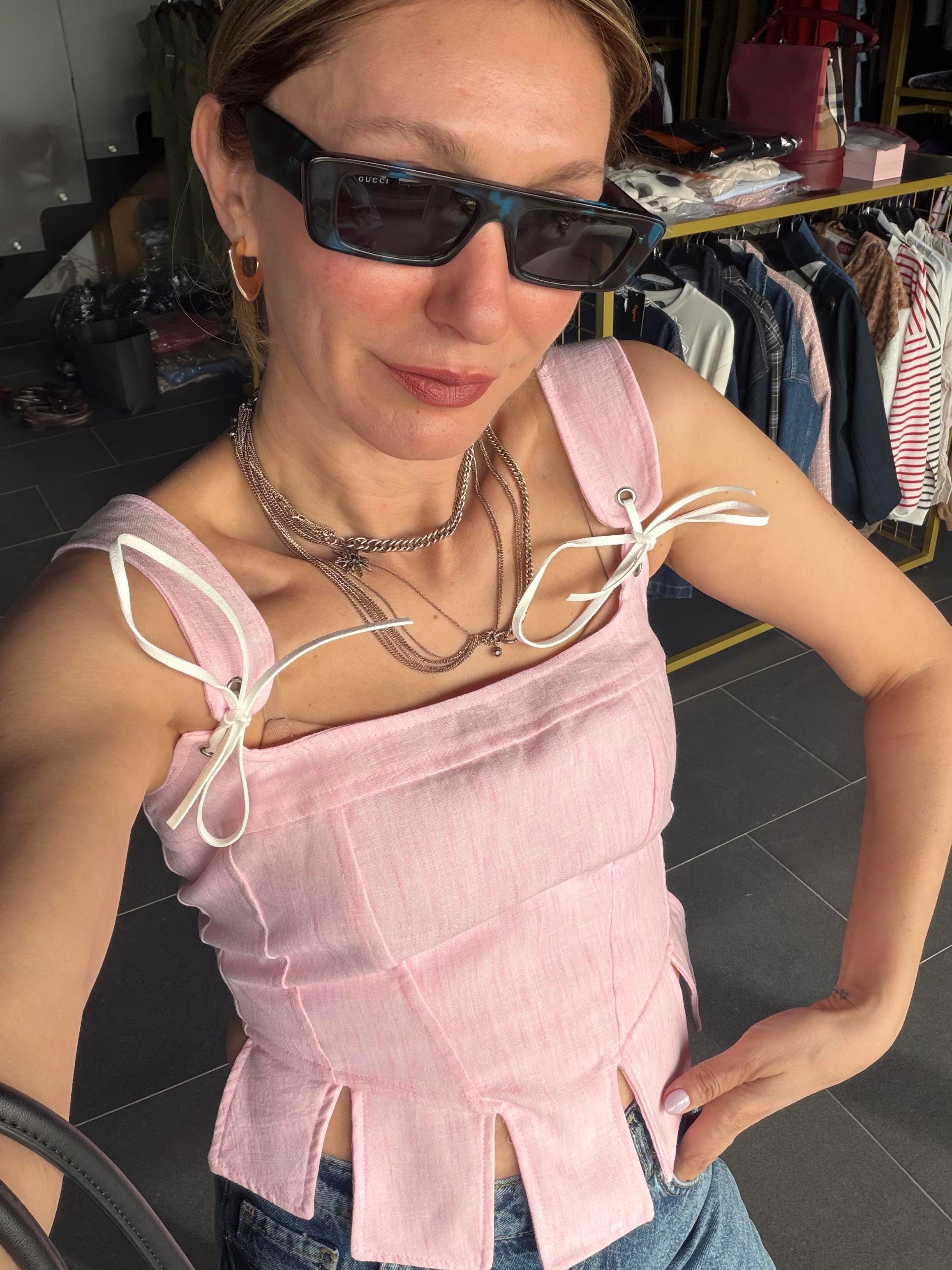 Pembe Askılı Korse Bluz