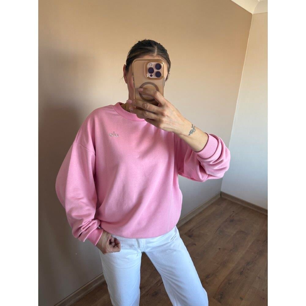Pembe Baskı Detaylı Bisiklet Yaka Kadın Sweatshirt 