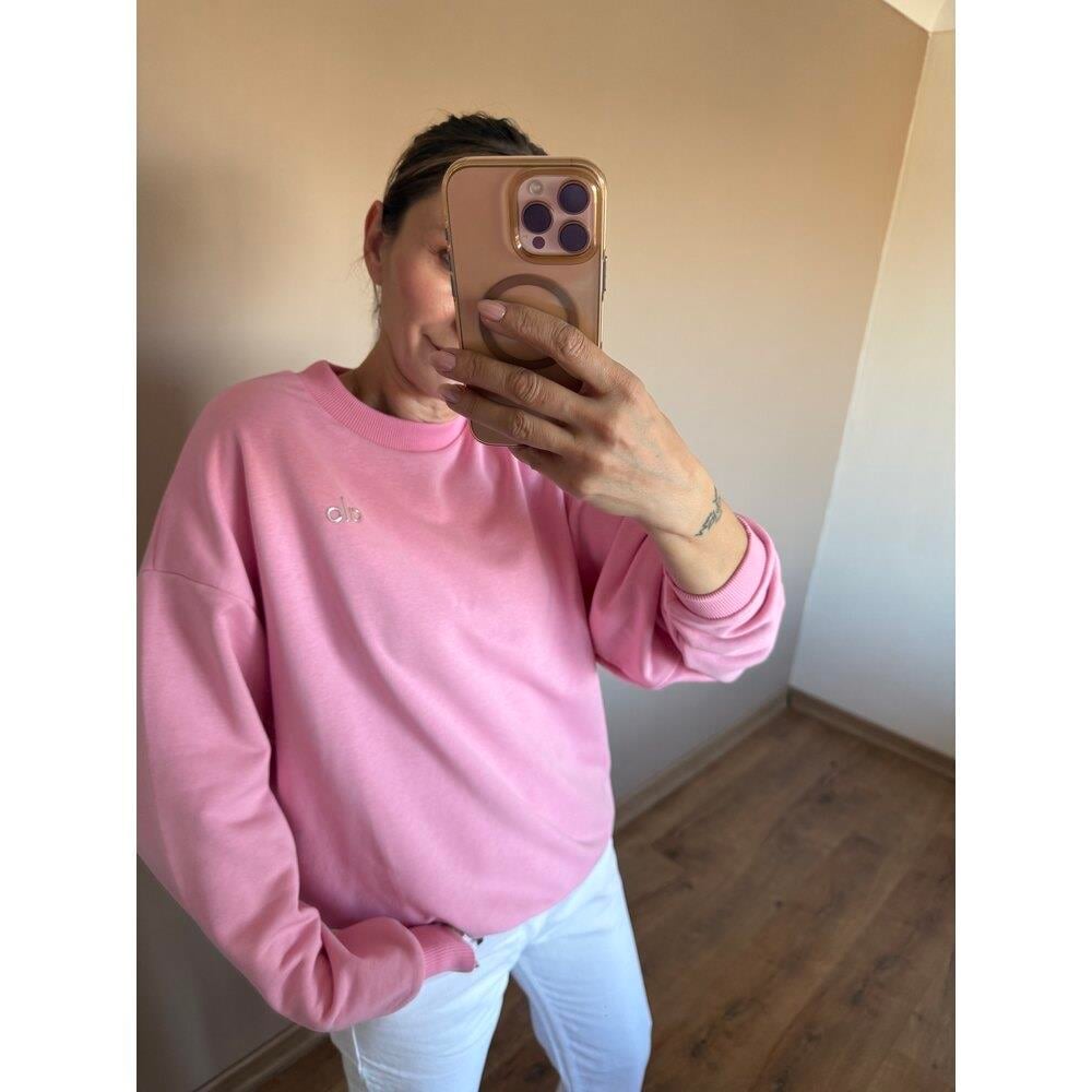 Pembe Baskı Detaylı Bisiklet Yaka Kadın Sweatshirt 