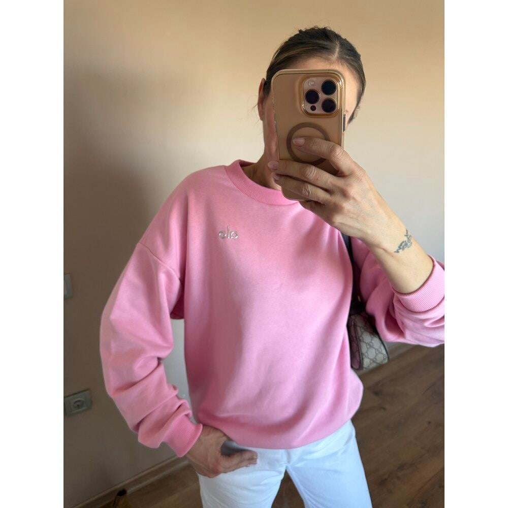 Pembe Baskı Detaylı Bisiklet Yaka Kadın Sweatshirt 