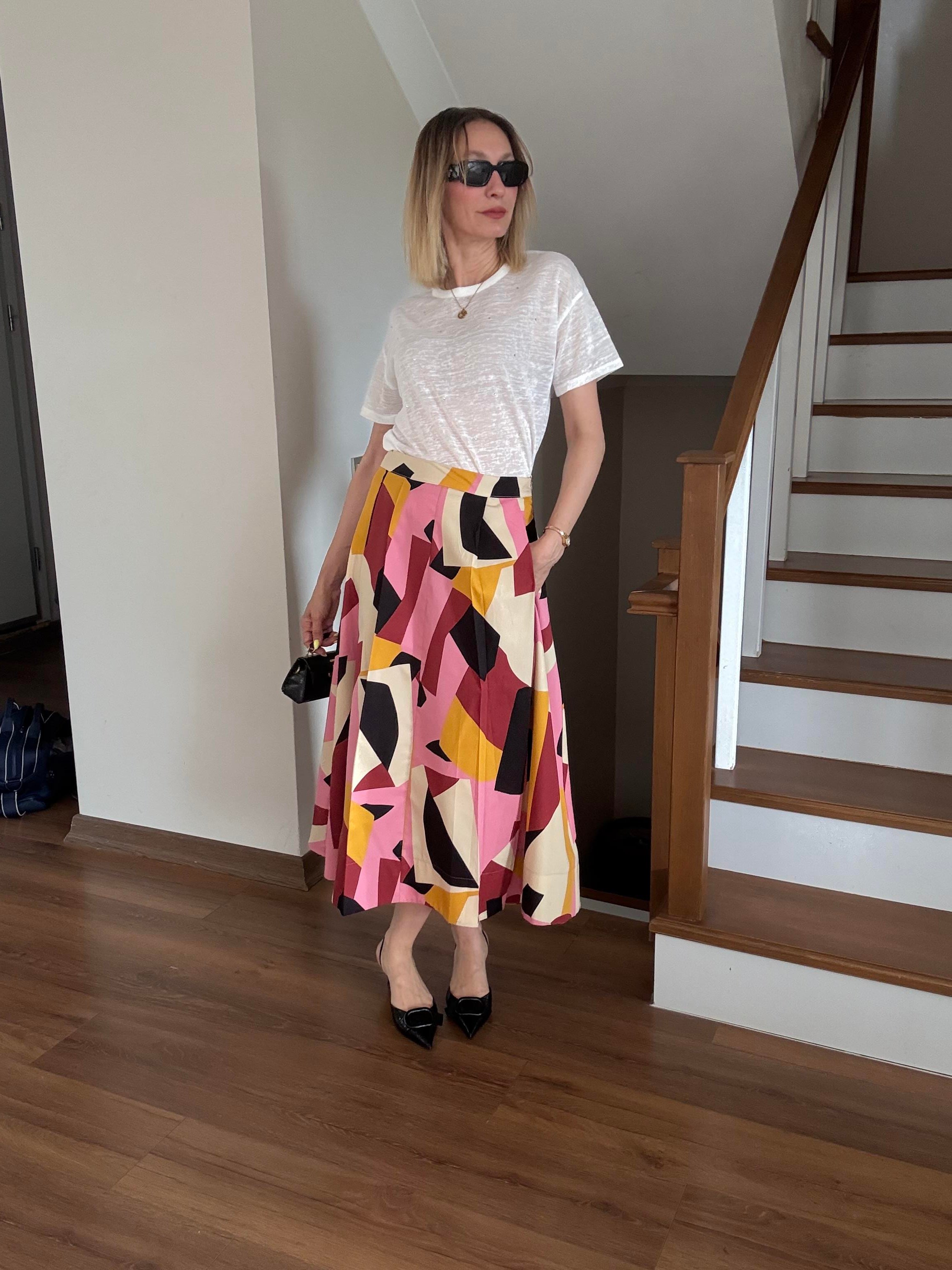 Pileli Desenli Poplin Etek